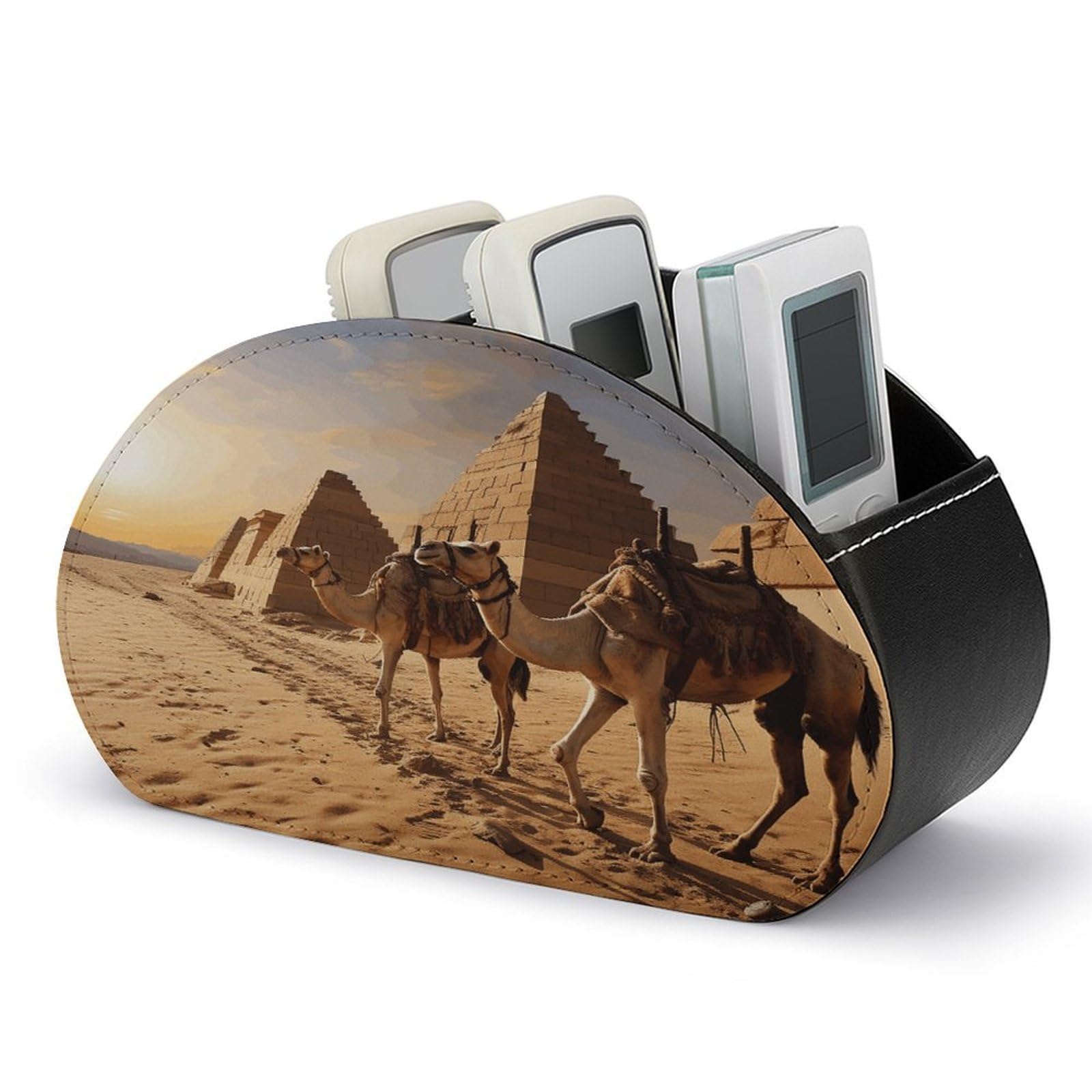 VstaDank Egypt Camels Remote Control Holder with 5 Compartments PU Leather TV Remoter Caddy Desktop Organizer TV Remote Holder Remote Box for Media Controllers Office Supplies