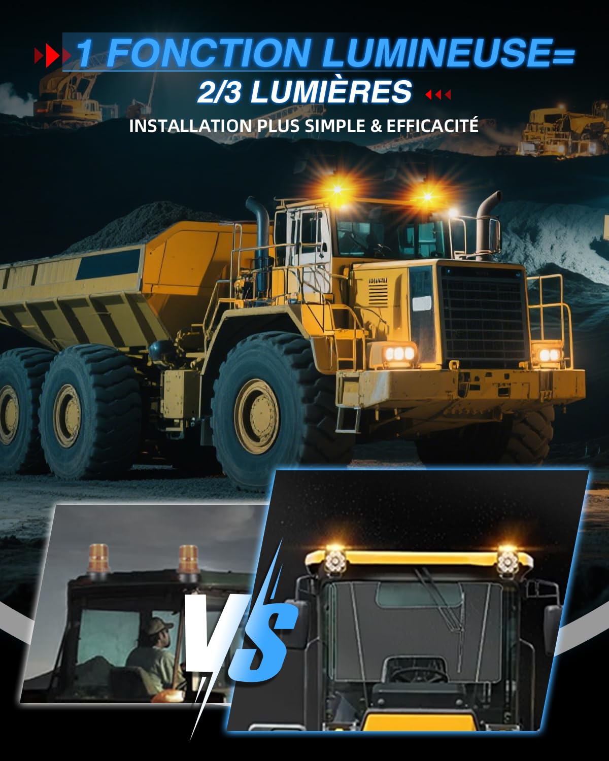 BraveWAY Phare De Travail Led 12/24V 4 Pouces 30 W 6000LM Avec Fonction D'Avertissement, Lumière Diffuse + Lampe D'Avertissement, Pour Engins De Chantier, Camions, Pelleteuses, Tracteurs