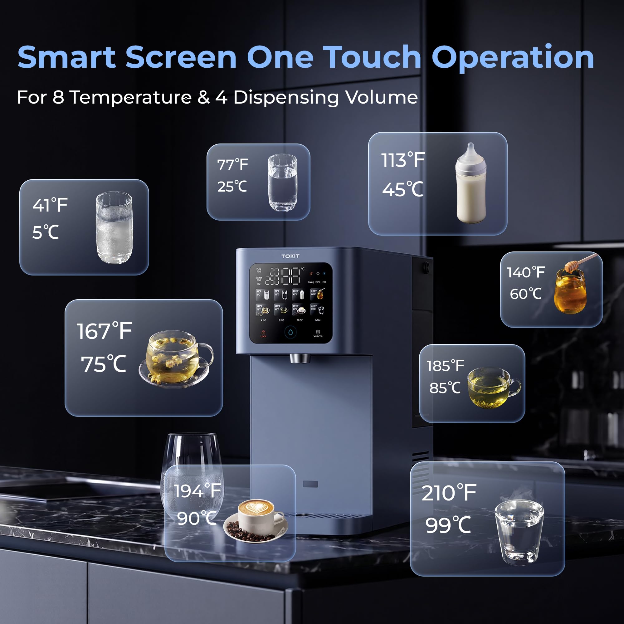 TOKIT T1 Ultra Ósmosis Inversa de Sobremesa 5-100°C, Dispensador de Agua Caliente y Fría con Lámpara UV & Filtro RO, 8 Niveles de Temperatura, CE & EMC Certificado