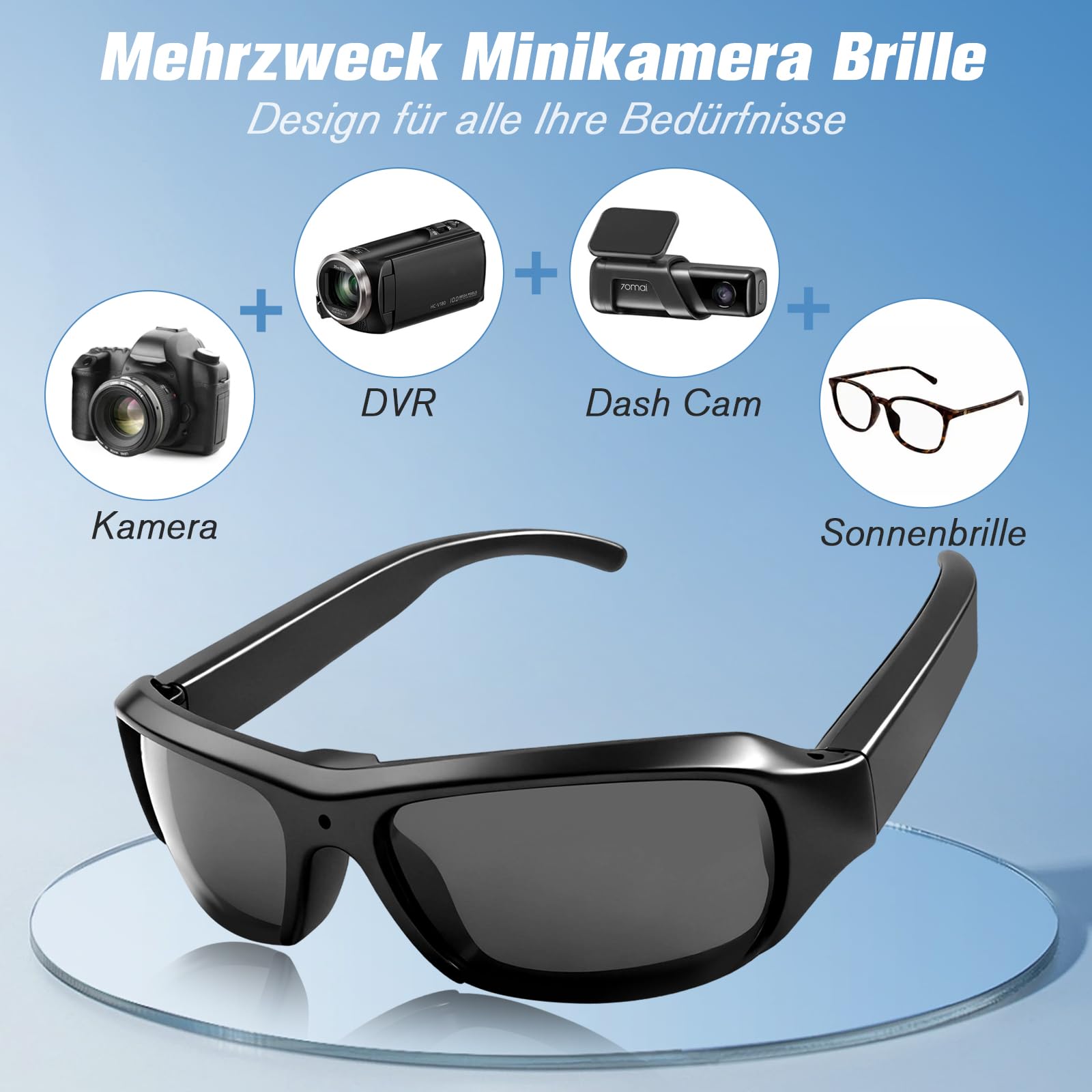 Action Cam, 32GB Sportbrille mit Kamera, Mini Actionkamera 1080P HD, Kleine Videokamera Sonnenbrille Kamera Videoaufzeichnungsbrille unterstützt Foto für Outdoor Aktivitäten UV-Filter