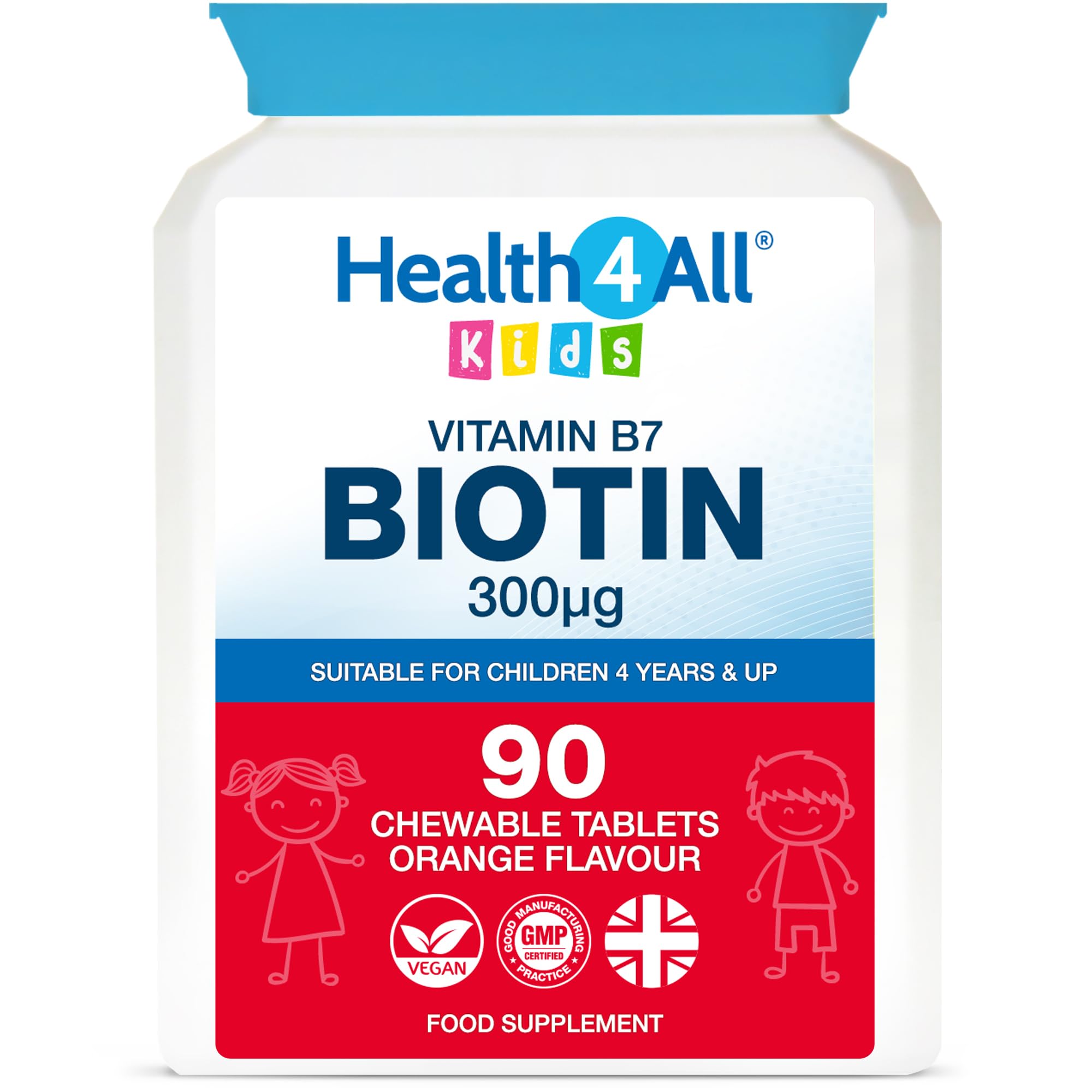 Kids D-Biotin 90 Chewable Tablets 3 Months Supply, Hair Growth and Strong Nails Supplement for Children 4+, Natural Vegan Orange Flavour, Sugar Free | Made in UK (not Gummies)