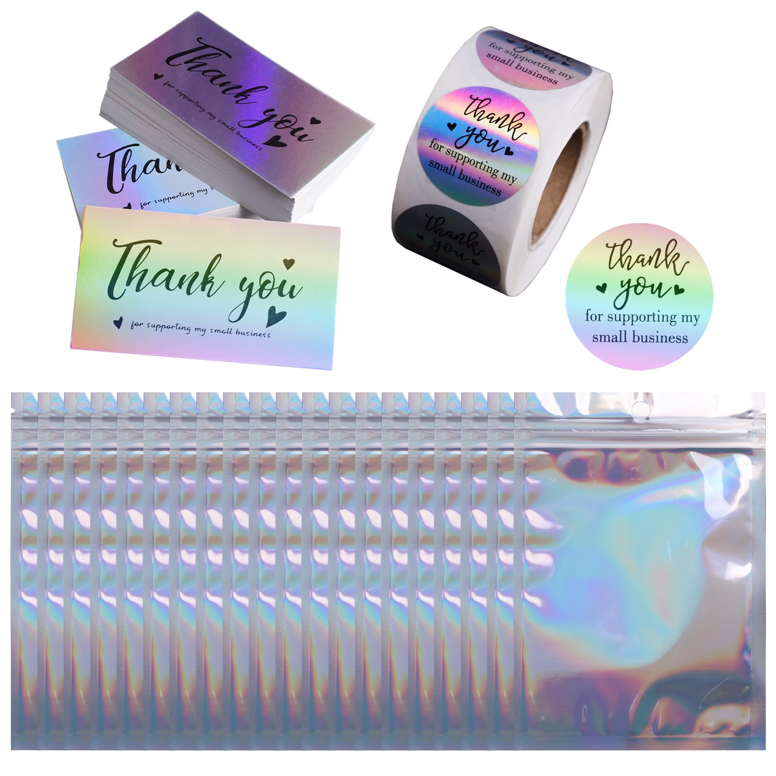 620pcs Thank You Business Cards & Stickers Set - Gold Foil, 100 Cards, 500 Stickers, 20 Resealable Bags (Holographic)