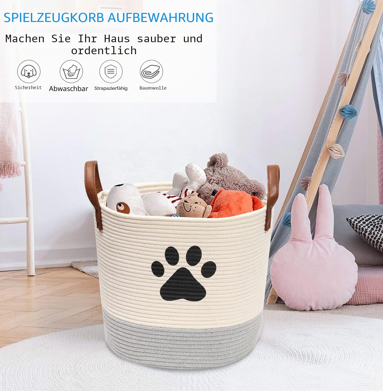 MOREZI Runder Hundespielzeugkorb,aus Baumwollseil,mit Griff, leicht zu bewegen.Geeignet zum Aufbewahren von Haustierbedarf und Haustierspielzeug-Beige Grau