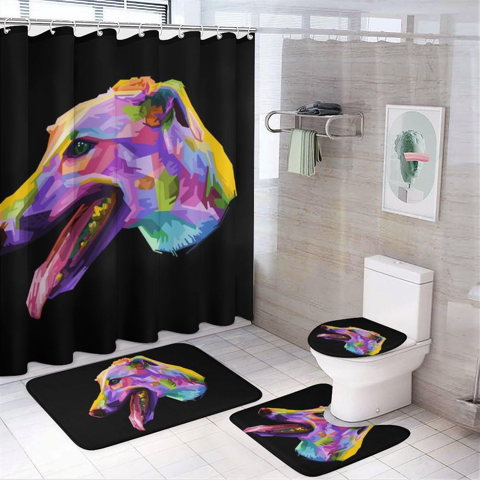 Wlntrophic Bathroom Mat Set 4 Piece, Colorful Greyhound Dog Shower Curtain with Non-Slip Bath Mats for Bathroom