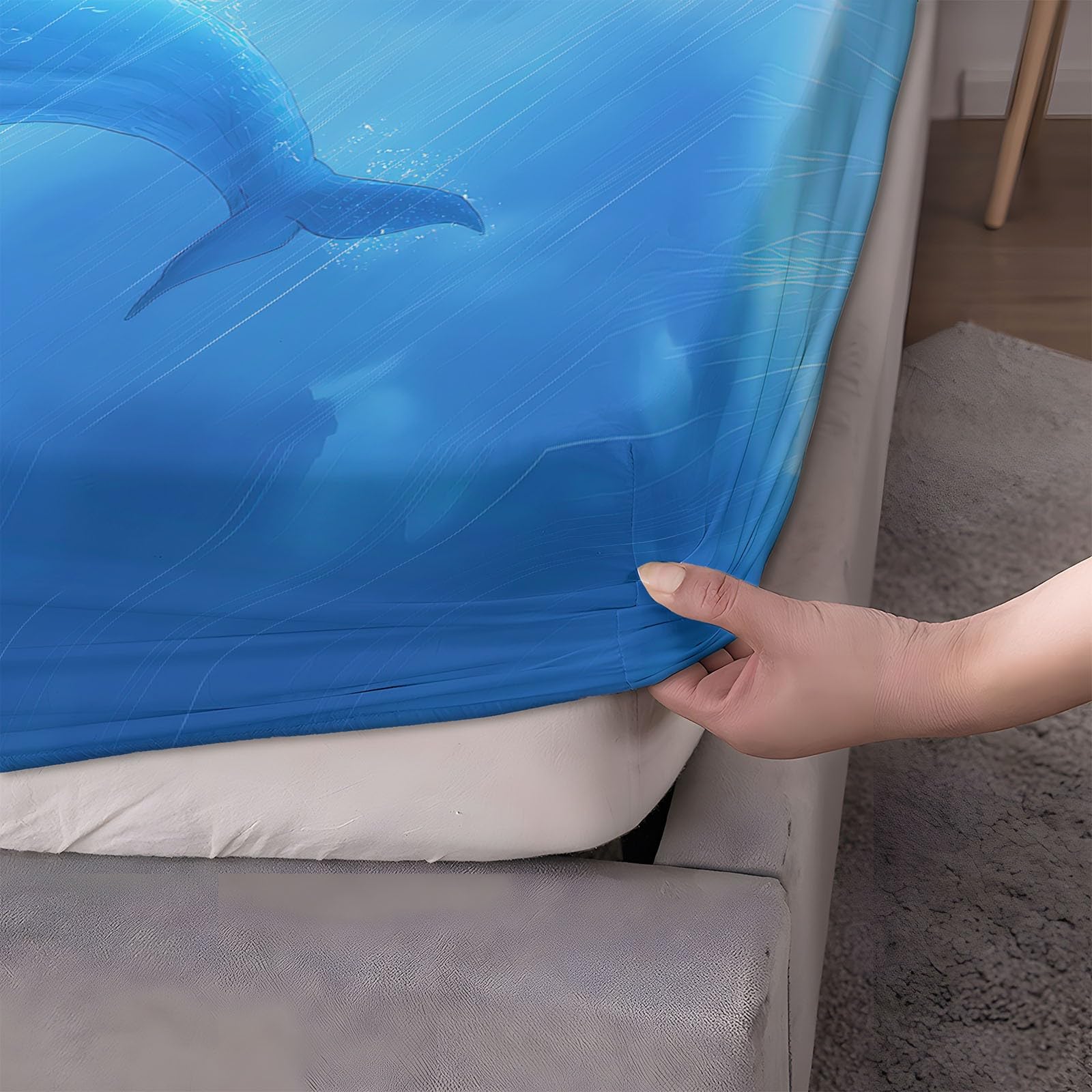 Prześcieradło z gumką 180 x 200 cm, styl anime delfiny i niemowlęta, prześcieradło z gumką 180 x 200 cm, duża czapka 30 cm, komplet pościeli z mikrofibry, zestaw pościeli dla dzieci z 2 poszewkami na