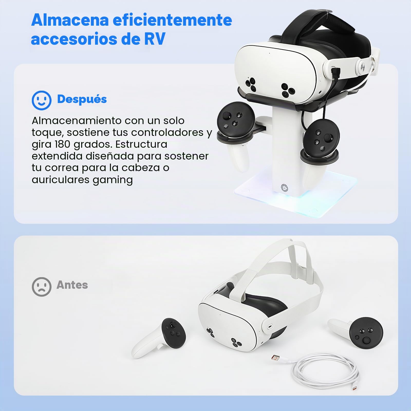 Base de Carga de diseño Compatible con Accesorios Meta Quest 3S/Quest 3, Soporte Vertical de Carga RGB, luz LED Inferior y Alfombrilla Antideslizante (Blanco)