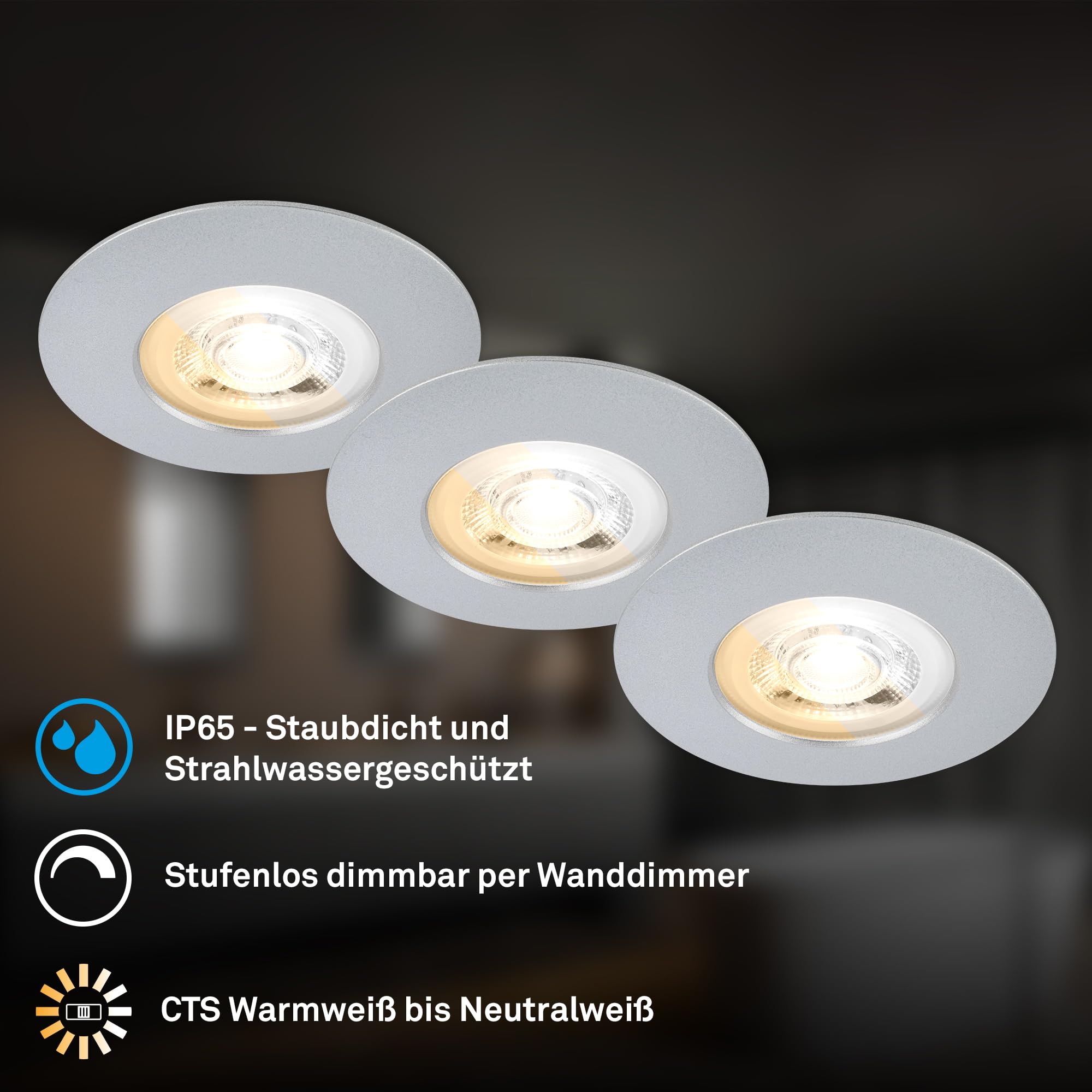 BRILONER - 3er Set LED Bad Einbaustrahler, Dimmbar, CCT, IP65, Chrom-Matt | Staub- und Strahlwasserschutz, Spot, Deckenspots, Einbauleuchten, Badspot, Deckenstrahler, 68mm Lochmass, 2700K-4000K