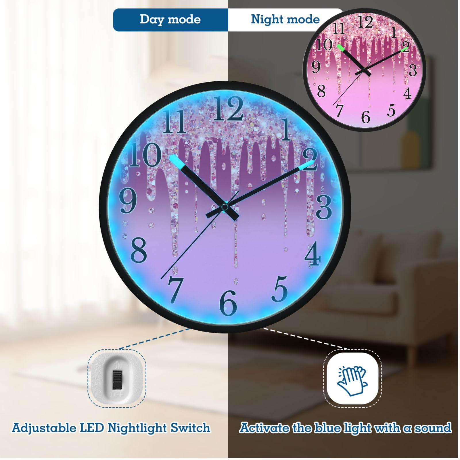 Mnsruu Reloj de pared luminoso con patrón de bloque de color brillante, reloj de pared que brilla en la oscuridad, funciona con pilas, reloj de luz nocturna silencioso sin tictac para dormitorio
