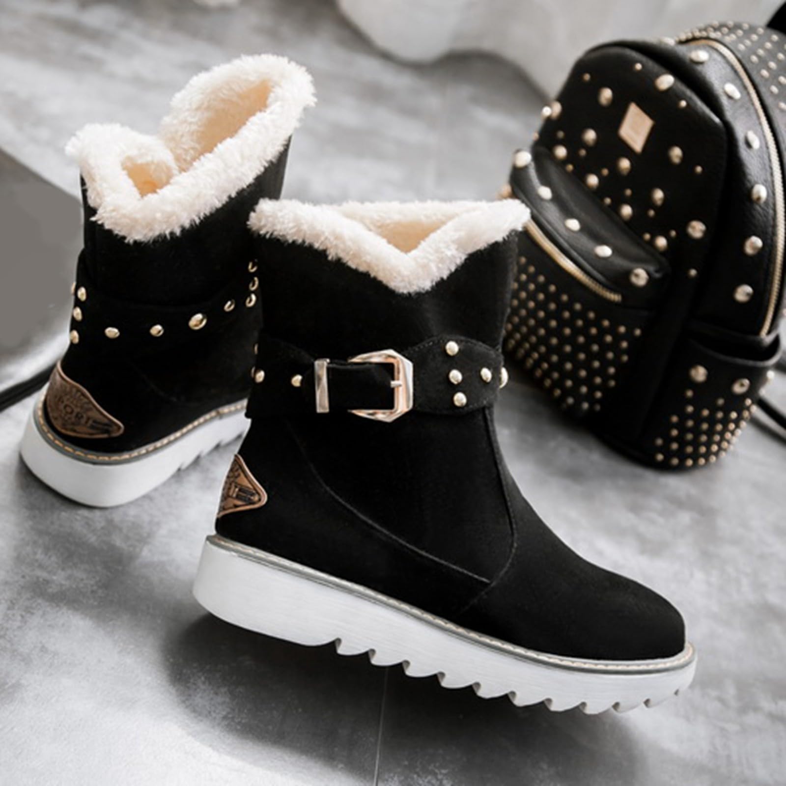 Generisch Bottes de neige chaudes pour femme Automne Hiver Loisirs Daim Talon plat Hauteur de tige moyenne Bottes de cheville confortables à enfiler Chaussures d'extérieur Bottines