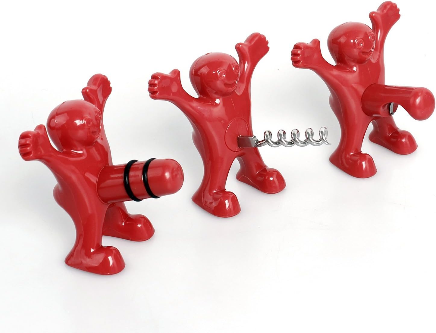 Wine Stopper and Opener Set, Includes Three Cute Red Men of Novelty Bottle Opener, Corkscrew and Stopper, Perfect Gag Gifts Collection for Men and Women