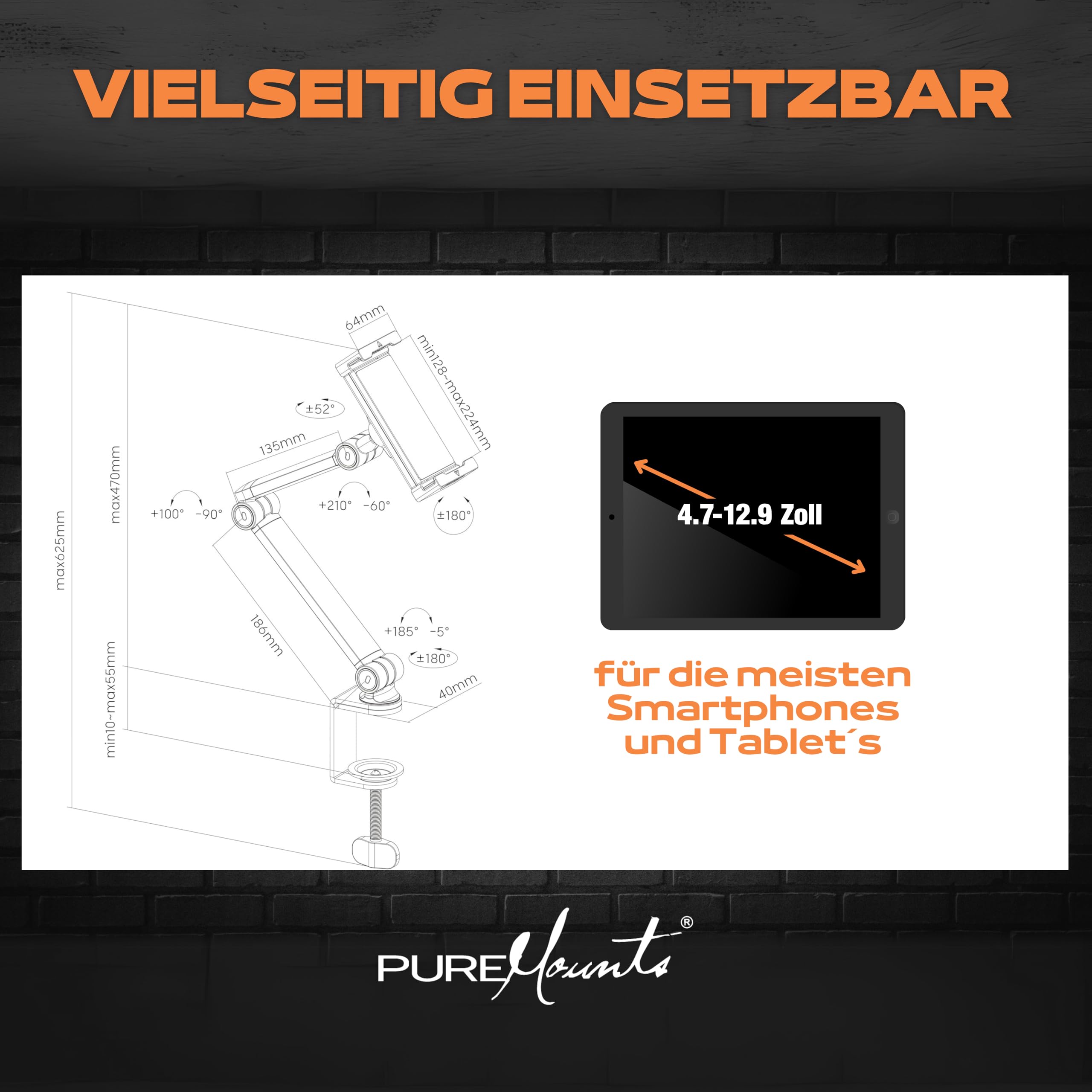 PureMounts® Uchwyt na tablet, tablet 4,7" do 12,9", obracany o 360°, nośność do 1 kg, silikonowa podkładka, czarny