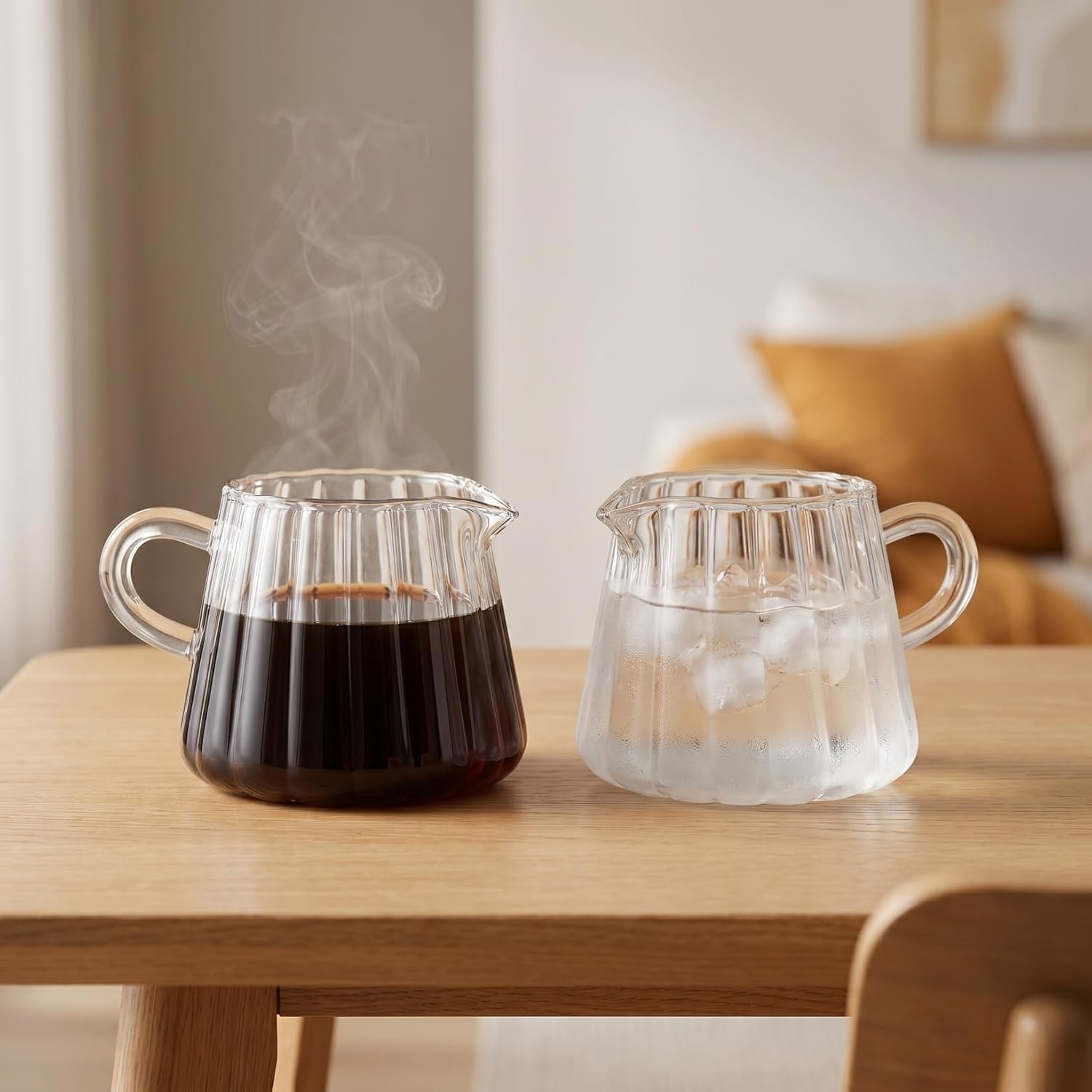 SHINEOFI 2 Pcs Small Glass Pitcher 6. 8 Oz Clear Milk Creamer Pitcher with Handle Espresso Cups Frother Creamer