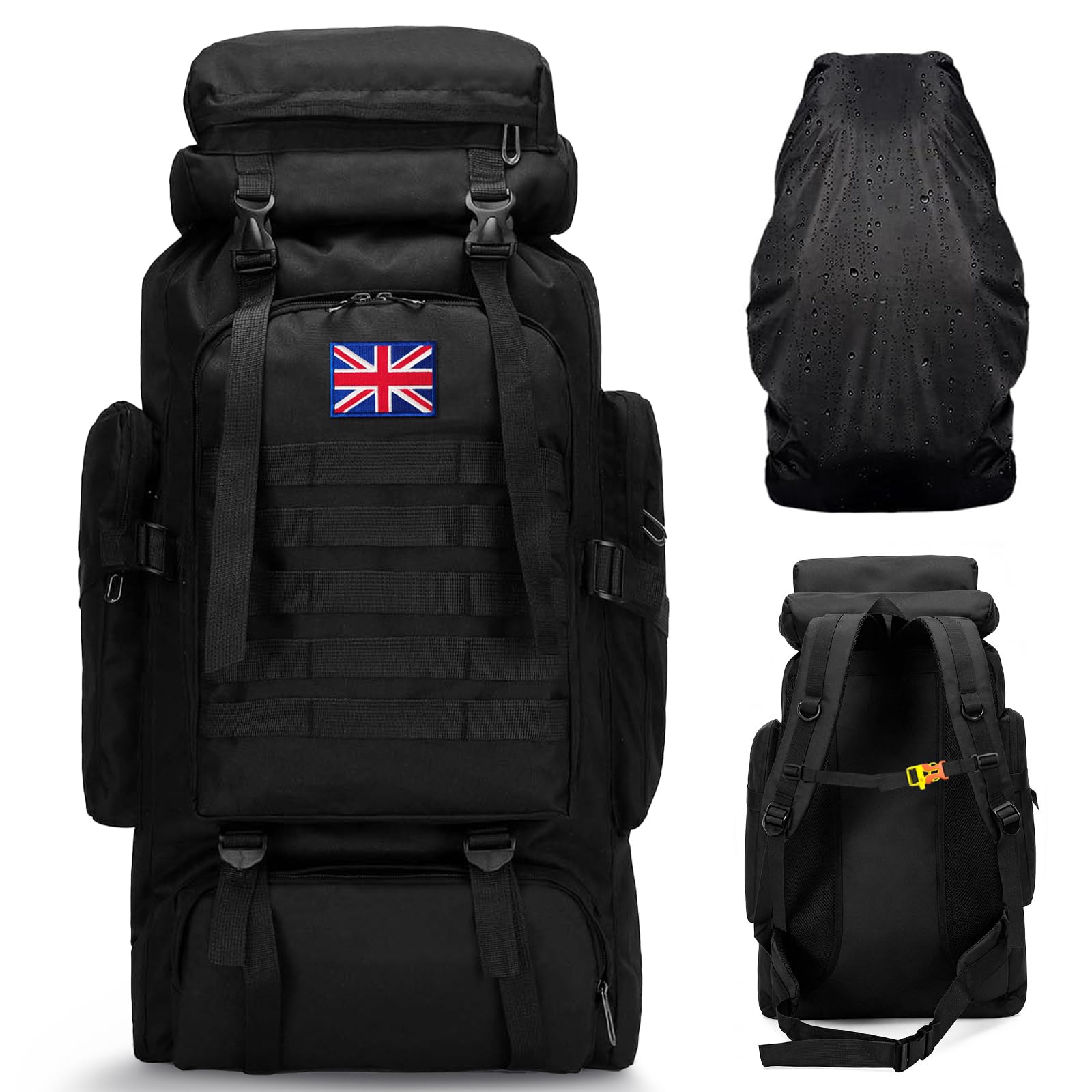 Vnvnvnv 80L Waterproof Hiking Backpack Camping Backpack Large Military Tactical Backpack Army Rucksack for Men with British Flag ＆ Rain for Trekking Walking Cycling Climbing Outdoor Sports Cover Black