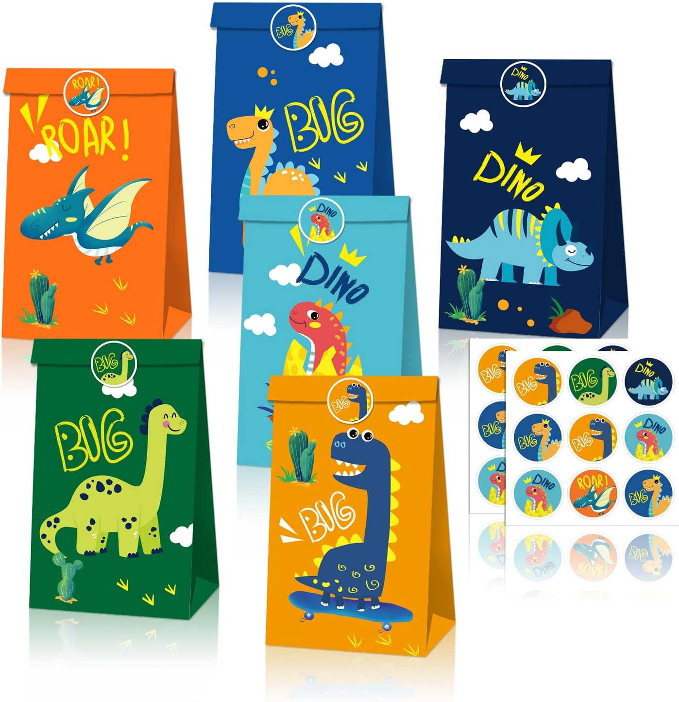 COSFAN 12 Pack Dinosaur Party Bags Dinosaur Party Favor Goodie Bags Dino Candy Treat Bags with Stickers Dinosaur Theme Birthday Paper Bags Gift Kraft Paper Bags with 6 Different Pattern