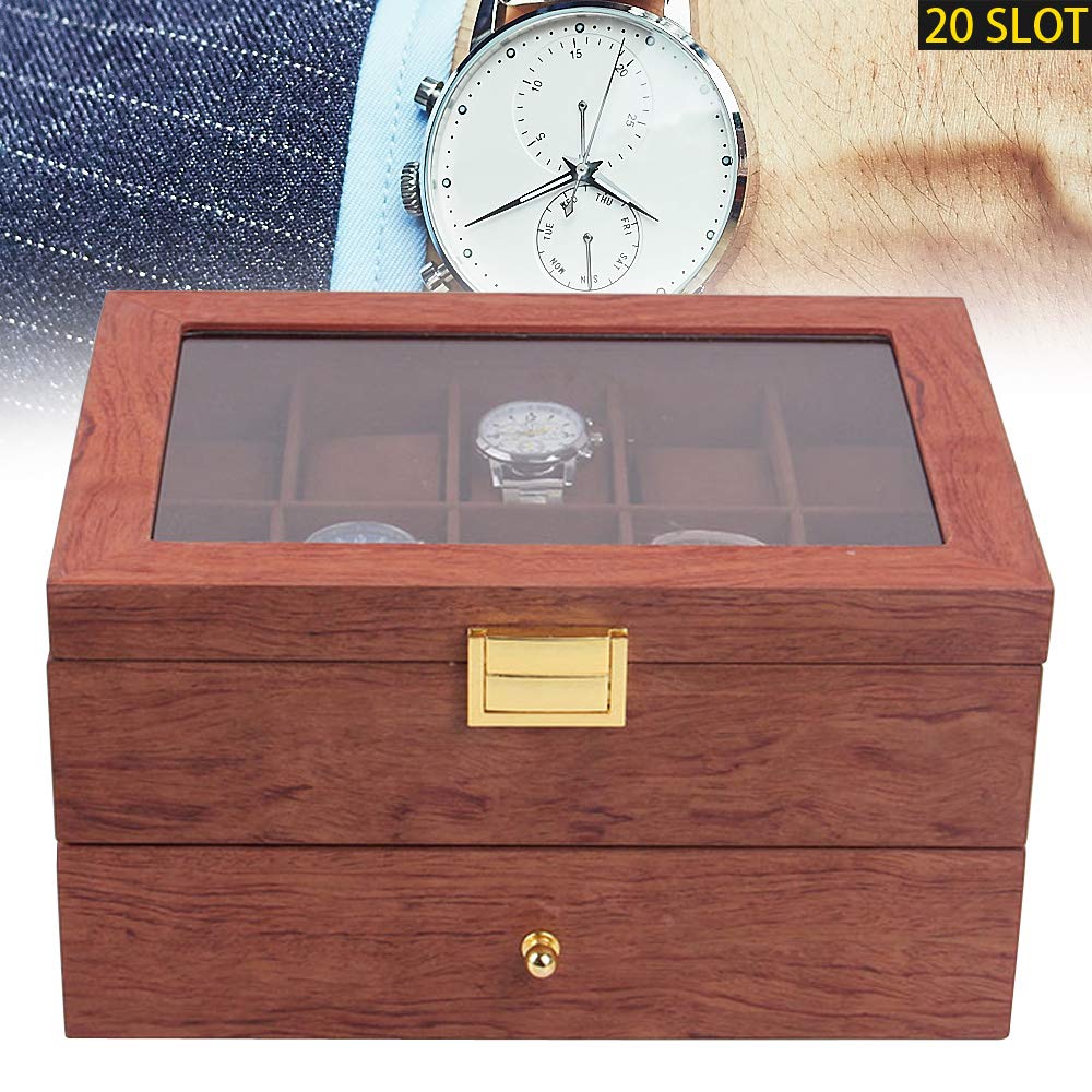 Uhrenbox 20 Fächer aus Holz mit Schlüssel, Luxuriöses Kunstlederinterieur, Herausnehmbare Uhrenkissen, Ideal als Geschenk für Männer und Frauen