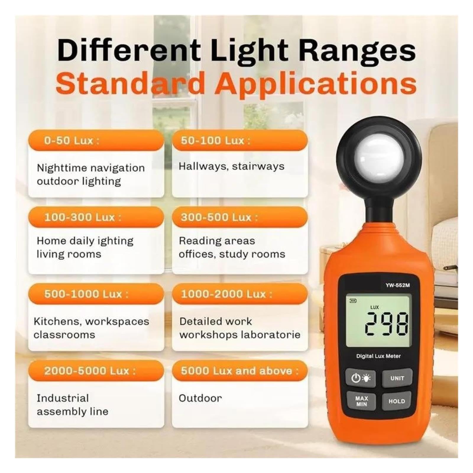 Medidor de Luz, YW-552M Fotómetro Digital 0-200.000 Lux Iluminómetro para fotografía Oficina Luz Interior