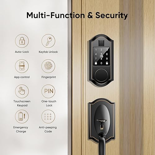 Miniatura 2 de Cerraduras inteligentes de huellas dactilares para puerta delantera con juego de manija, cerradura de puerta de entrada sin llave, juego de