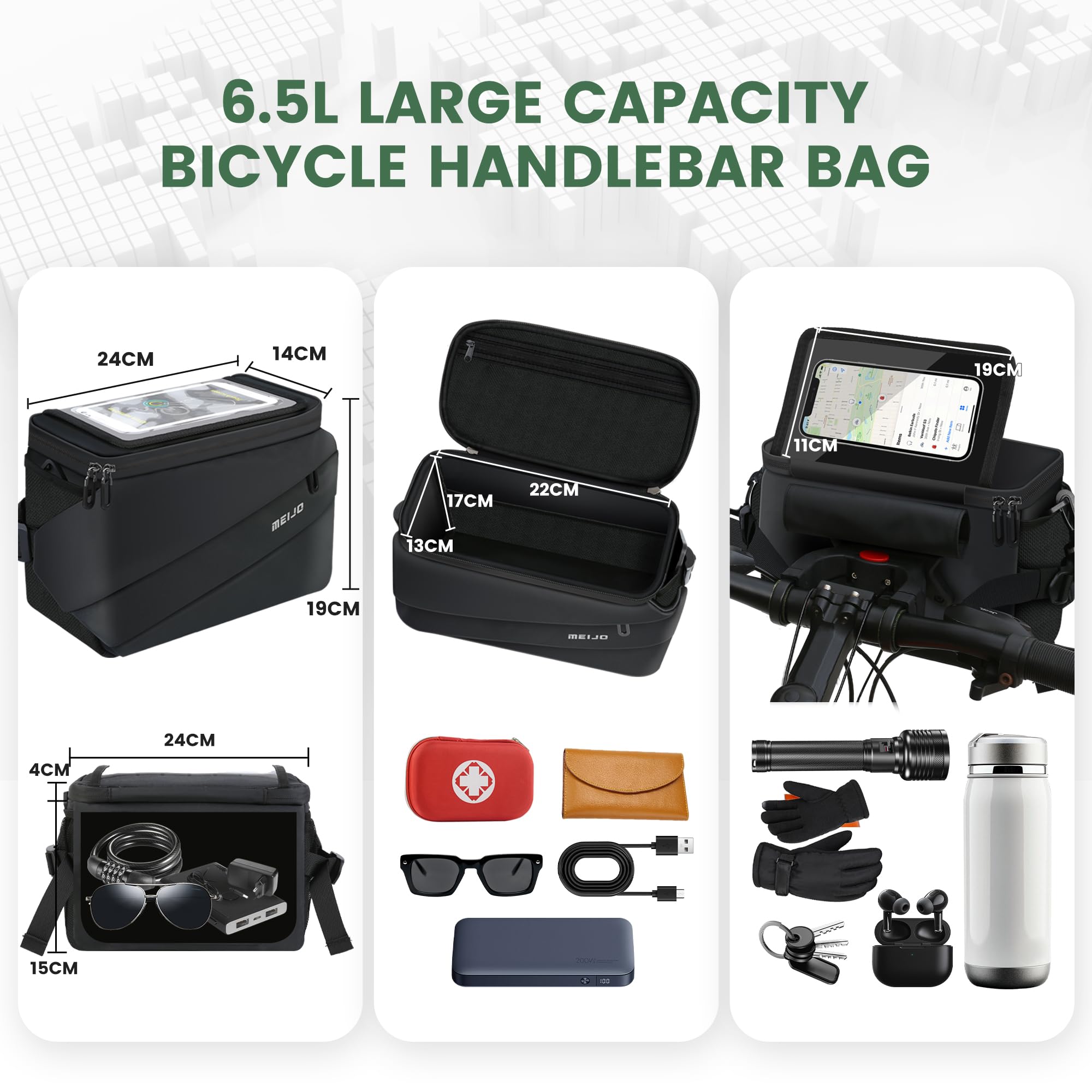 Borsa Bici Manubrio con Adattatore Manubrio,6.5L Borsa Manubrio Bici e Bici Elettriche Impermeabile Grande Capacità Estino Bici Anteriore Bici e-bike,Nero