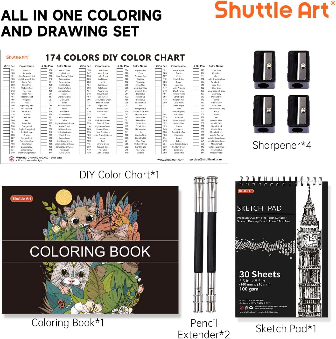 Shuttle Art 174 Crayon de Couleurs Professionnel, Boîte en Métal avec Livre de Coloriage