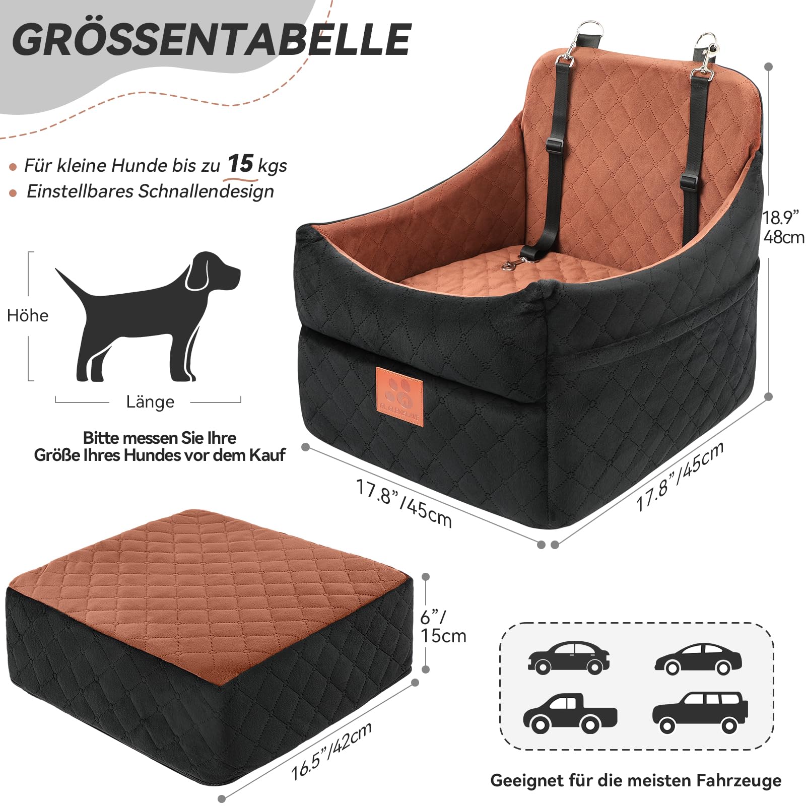 GL GLENSLAVE Hunde-Autositz für kleine/mittlere Hunde, Hundeautositz mit Dicker Polsterung unter 35 Pfund, Abnehmbarer, waschbarer Autositz für Haustiere (schwarz/braun)