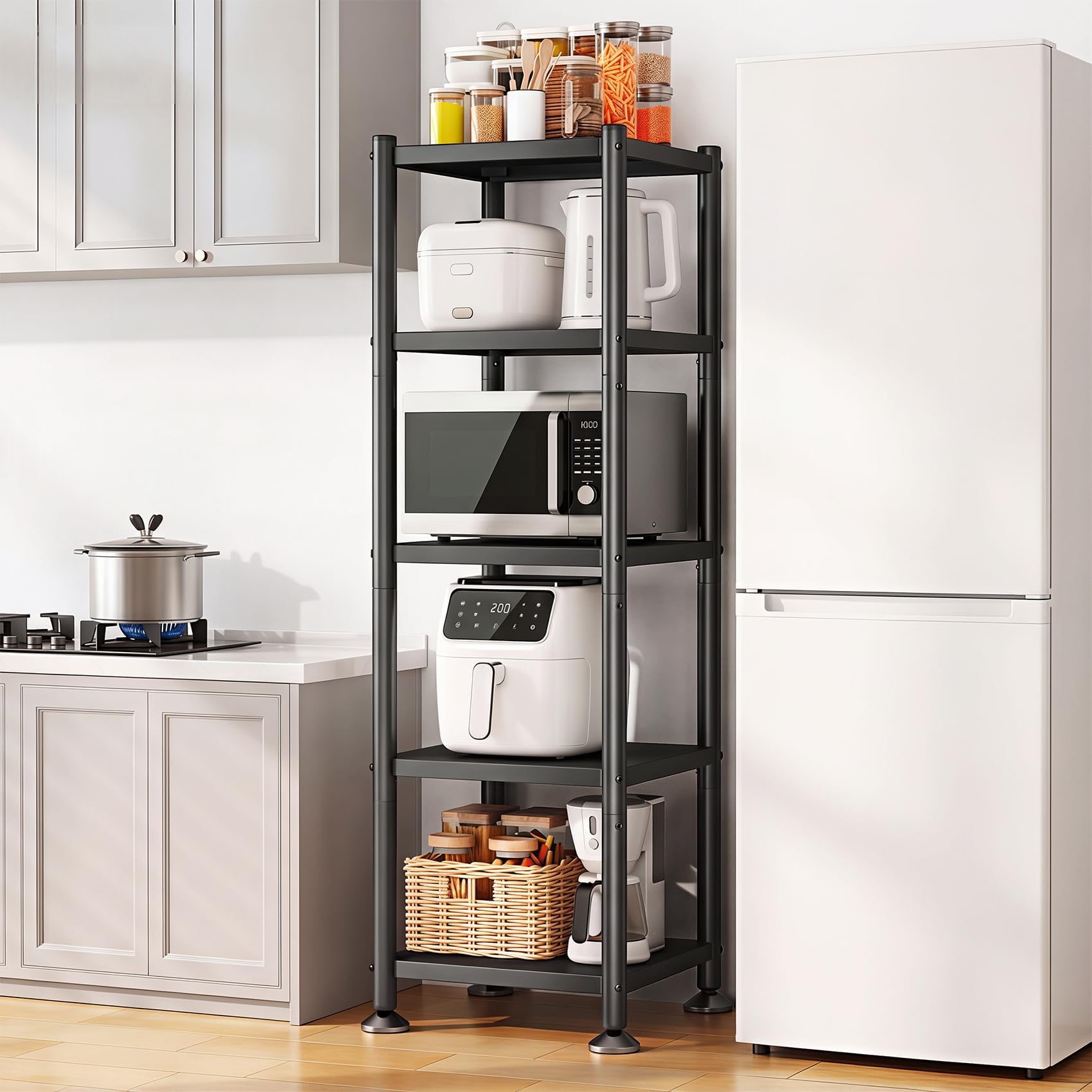 PXRACK 5-Tier Kitchen Storage Shelves, Adjustable Metal Shelves for Storage Pantry Shelves with Rolling Wheels, Storage Rack Shelving Unit Organizer for Bedroom Laundry Closet
