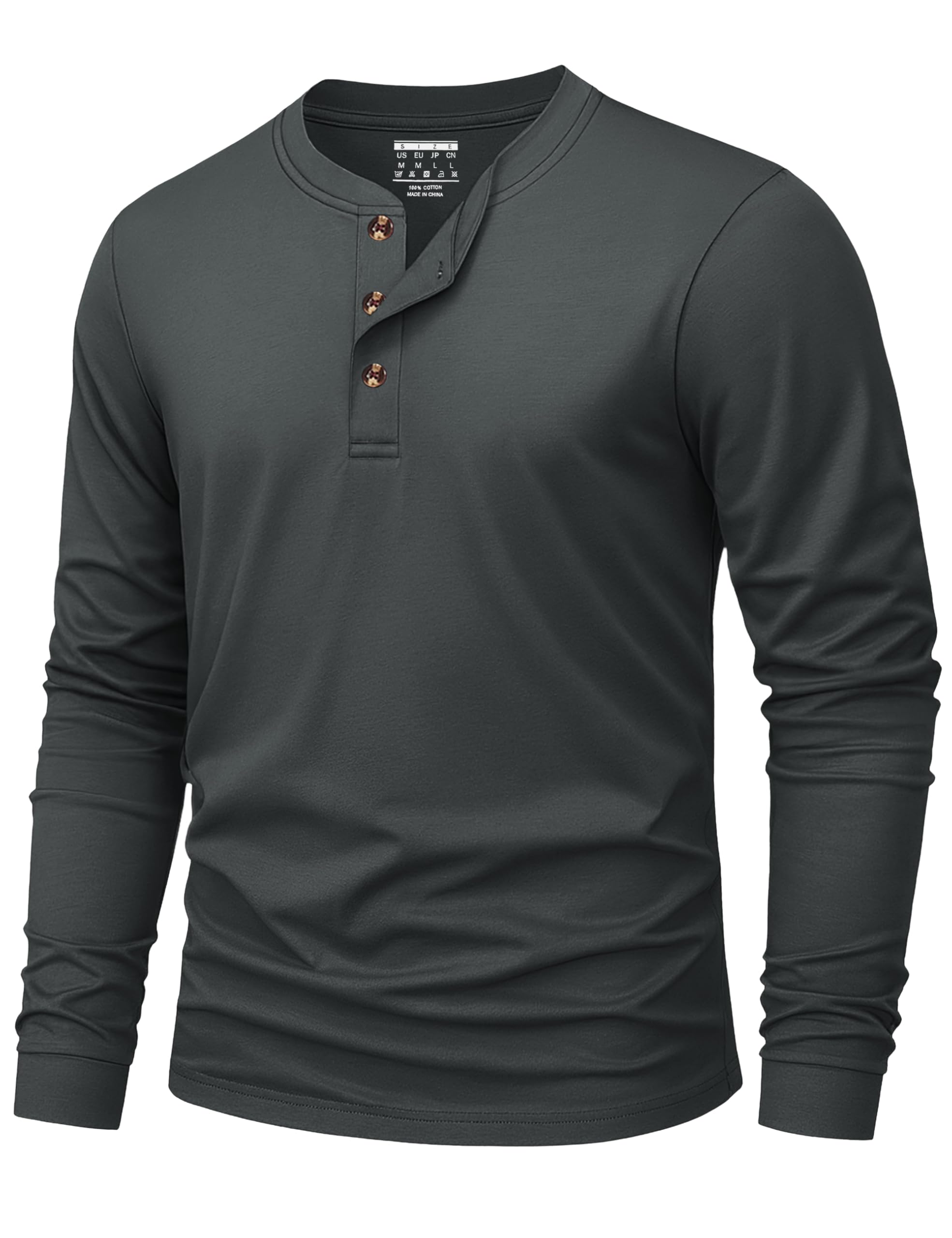 KEFITEVD Henley Herren Langarmhemd 3 Knopf Baumwolle lässig Frühling Übergang T-Shirt Dunkelgrau S