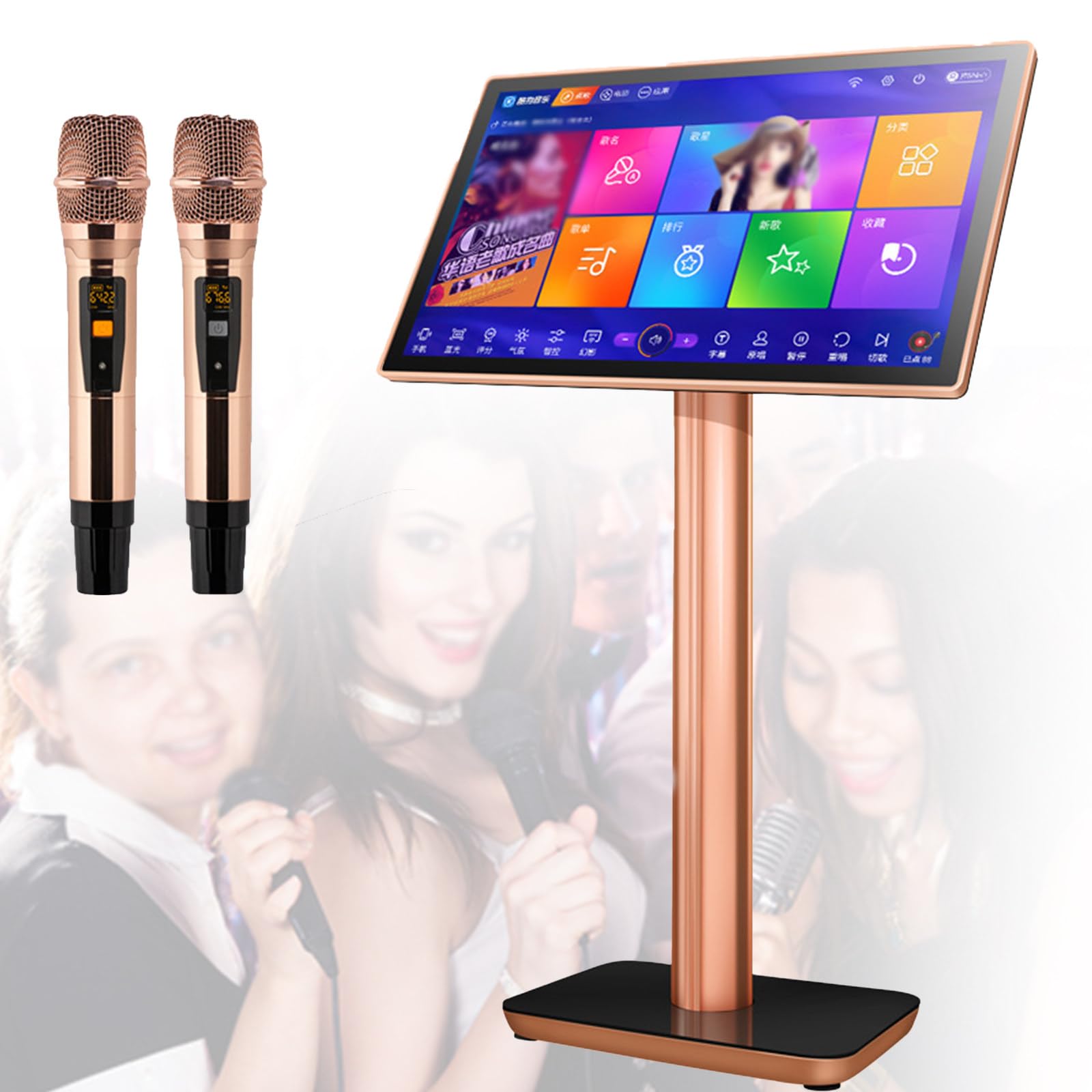 Attrezzatura Karaoke Portatile, Impianto Karaoke, Karaoke Professionale con 2 Microfoni Wireless, Download Cloud di Canzoni e Supporto Multilingue, Cambio 27 Lingue 19.5in-3T