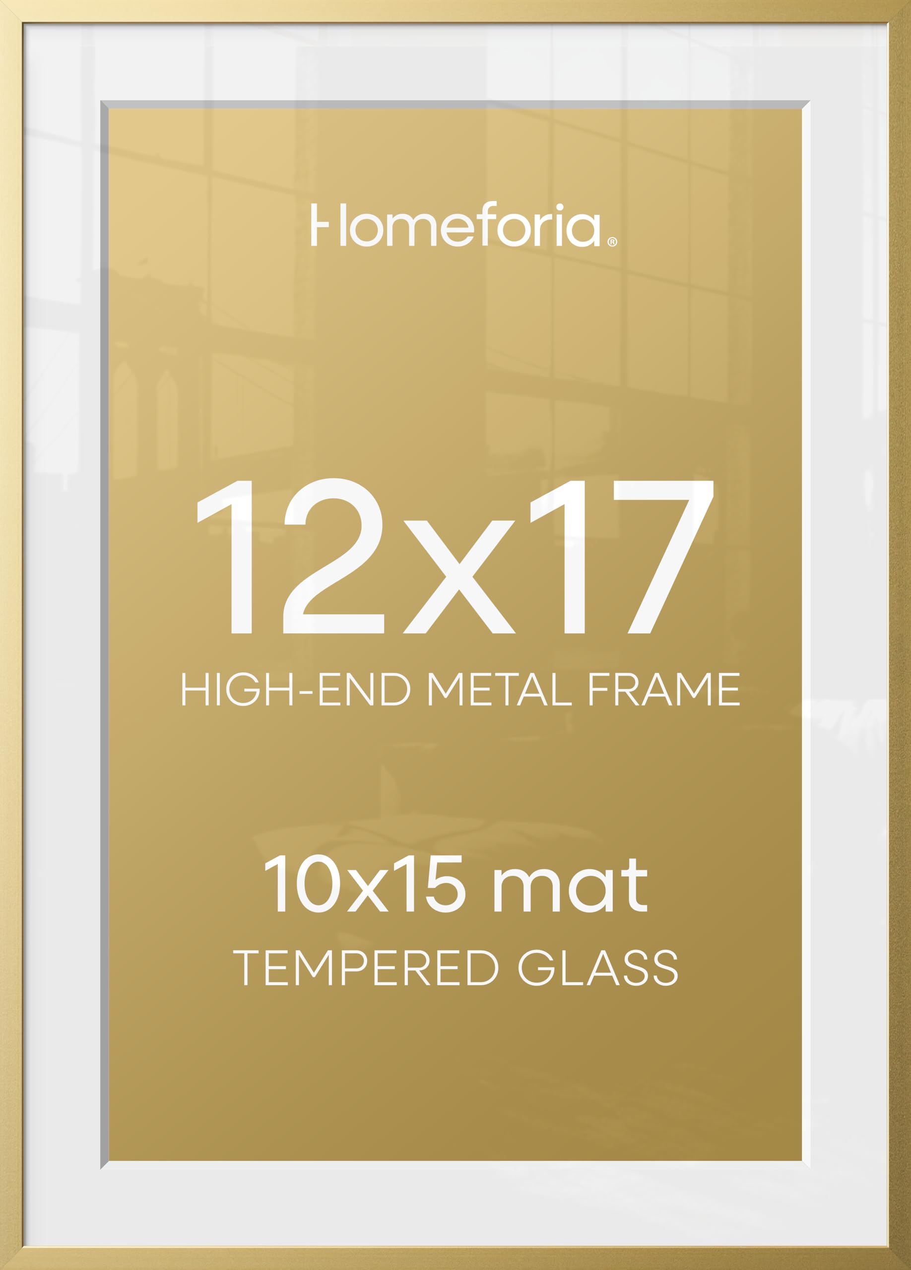 Homeforia 12x17 Gold Picture Frame, High-End Metal, 10x15 Mat, Glass | High End Aluminum, Tempered Glass, Acid-Free 10x15 Removable Mat, 12x17 in Edge-to-Edge Display 17x12, Wall Kit, Set Of 3