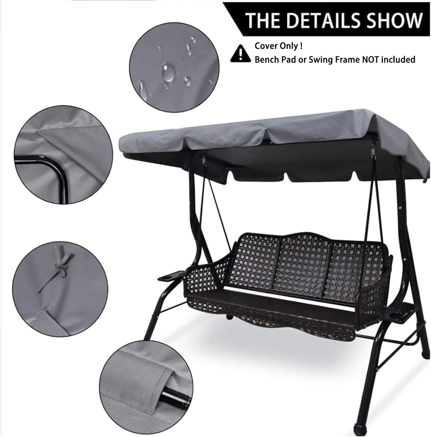 Patio Swing Canopy Replacement,210D All Weather Protection,3 Seat Outdoor Porch Swing Seat Canopy Cover,for Garden Hammock Top Furniture Covers(Size:76.77″×49.21″×5.91″（195×125×15 cm）)