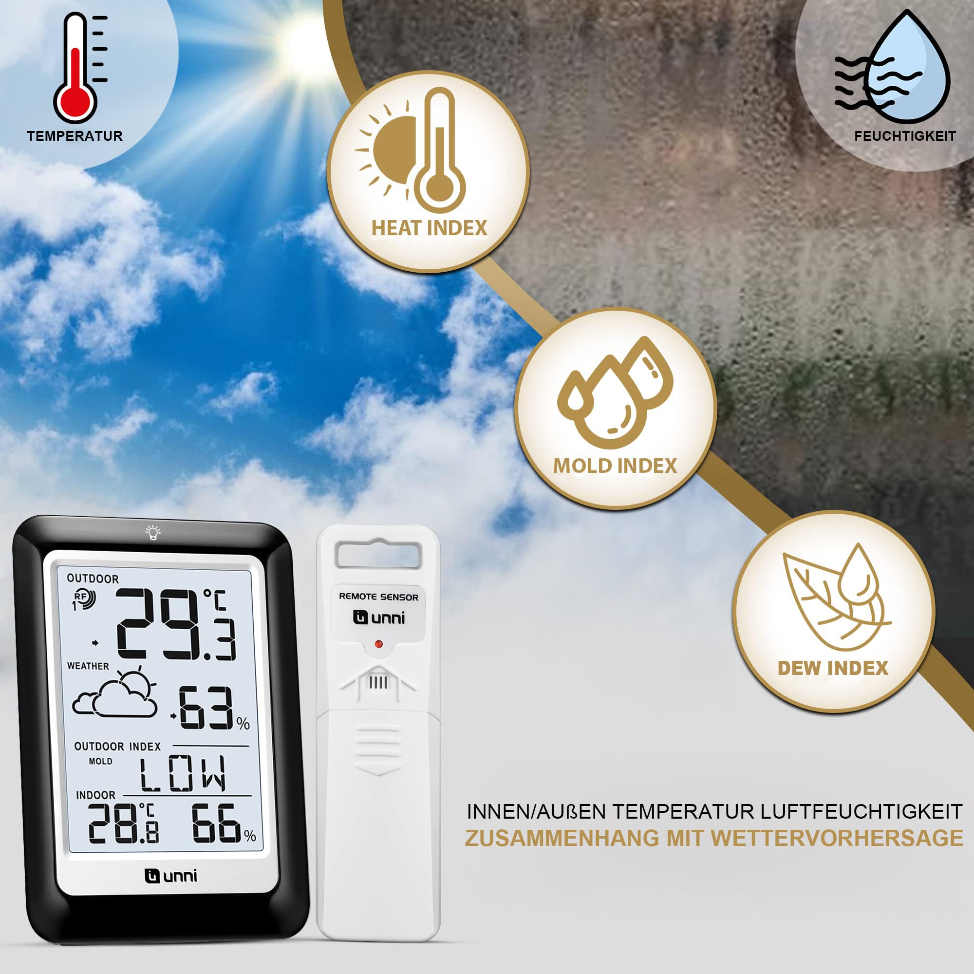 Radiowa stacja pogodowa z czujnikiem zewnętrznym zasilana bateryjnie, prognoza pogody radiowa stacja pogodowa 100M/330FT, °C/°F, 2 poziomy jasności ustawienie (punkt rosy wskaźnik pleśni-wskaźnik