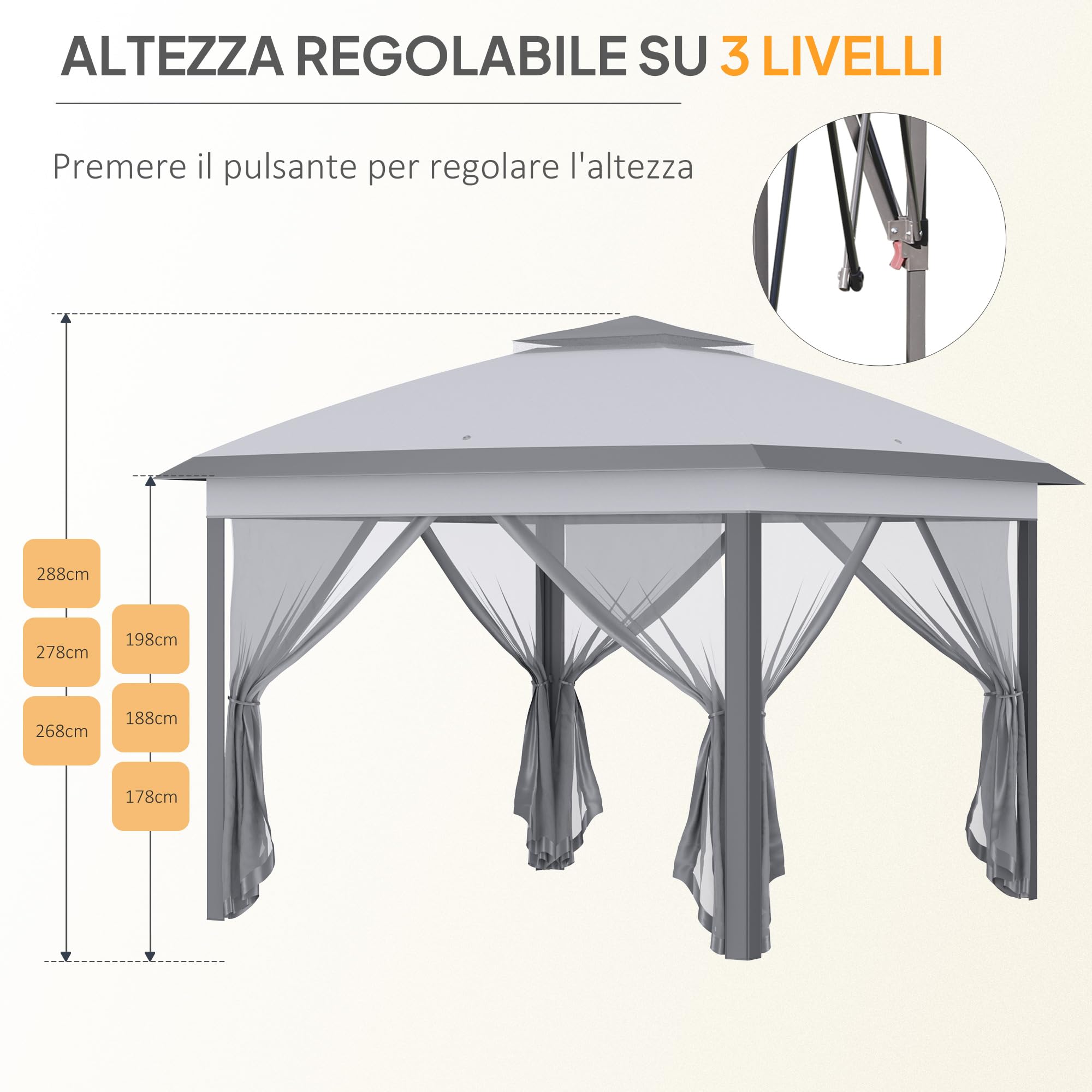 Outsunny Gazebo Pop Up 3.3x3.3 m Regolabile in Altezza su 3 Livelli con Zanzariere, Gazebo da Esterno con Tetto Doppio, Pannelli Laterali e Borsa da Trasporto in Metallo e Tessuto Oxford, Grigio