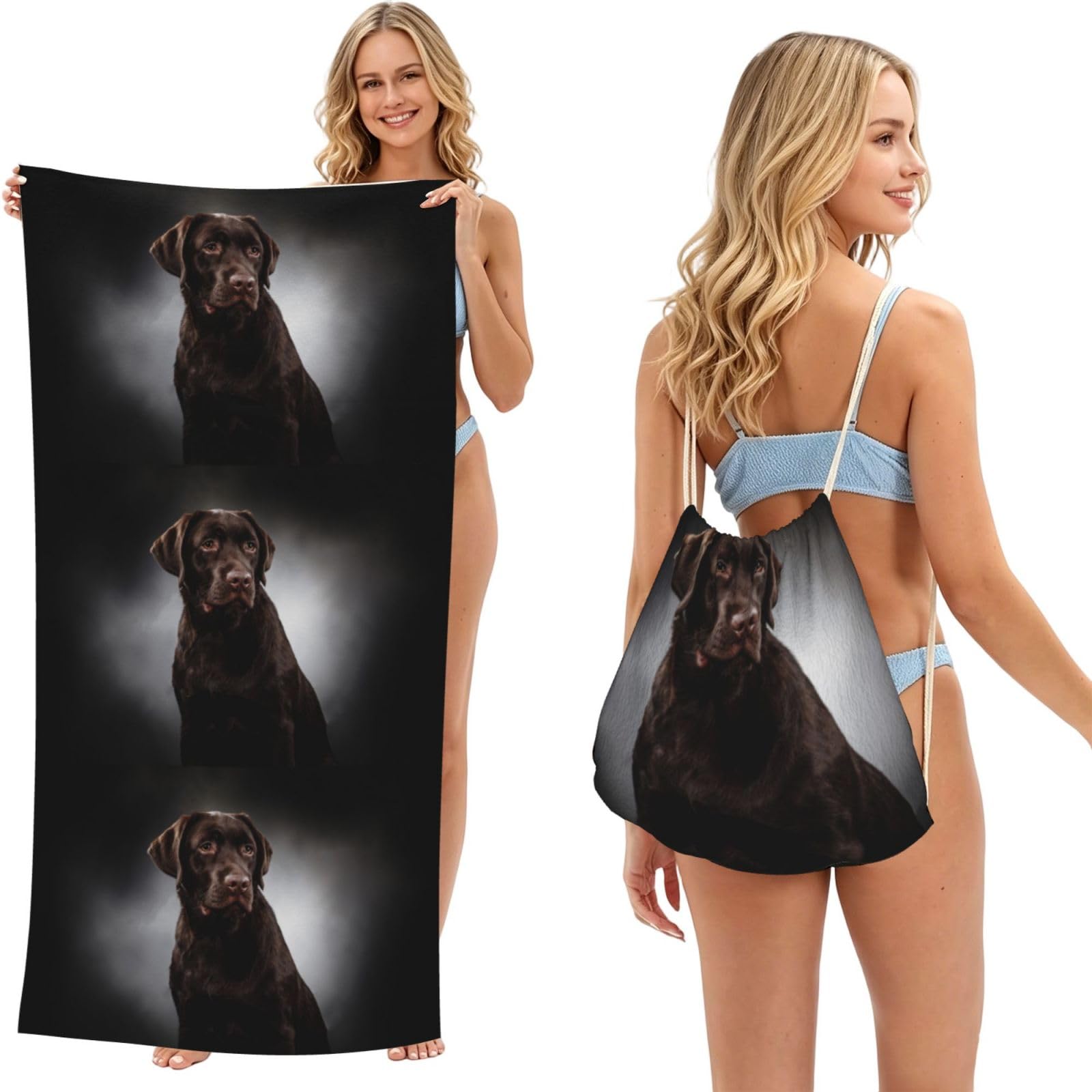 Poadnly As Picture Labrador Retriever, 2 In 1 Packable Towel Bag, Beach Towels With Drawstring Backpack For Travel Holiday Camping