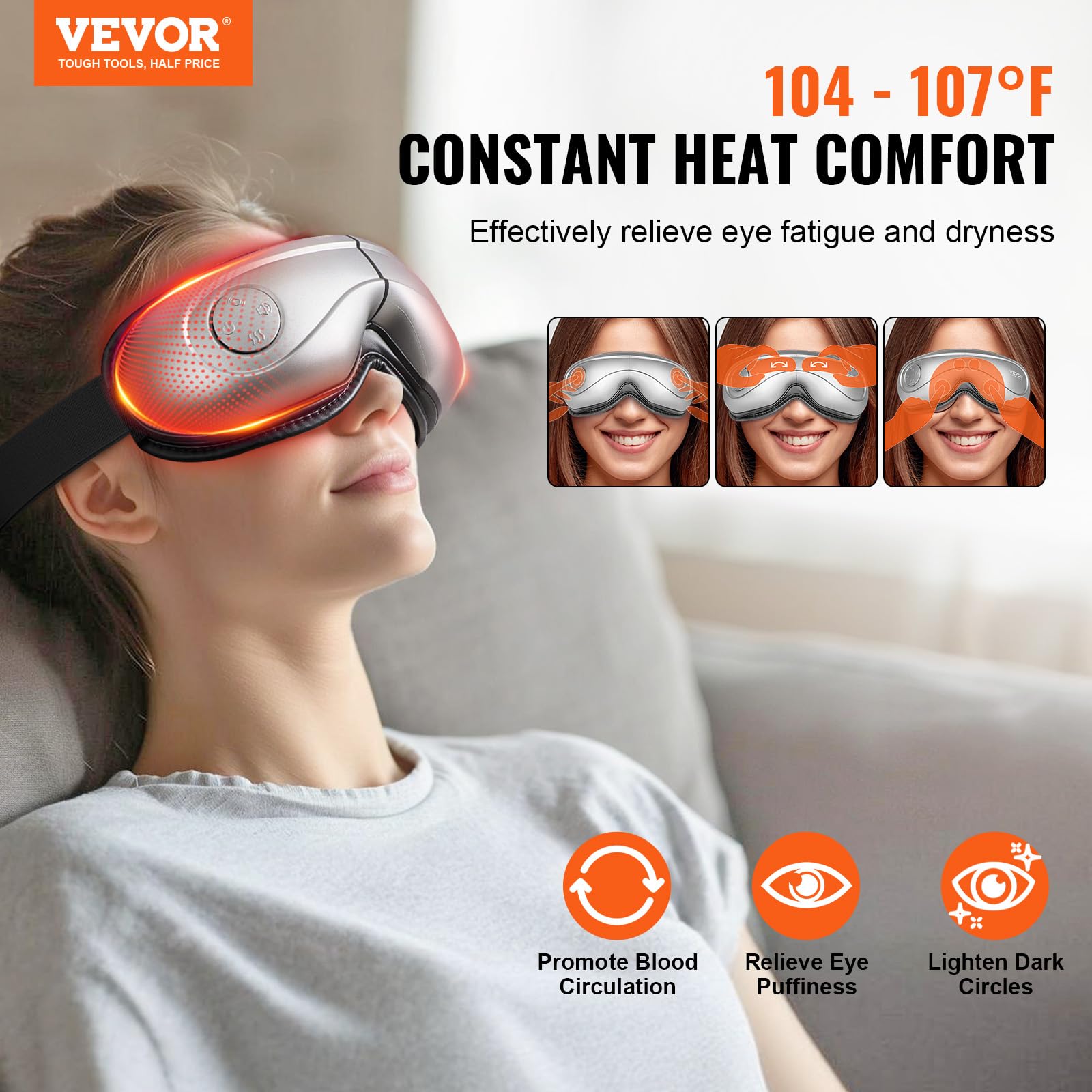 VEVOR Eye Massager with Heat, Heated Massage Mask with 5 Modes and Bluetooth Music, 180° Foldable Eye Care Massager for Eye Strain, Ideal Gift for Mom/Dad, Gray