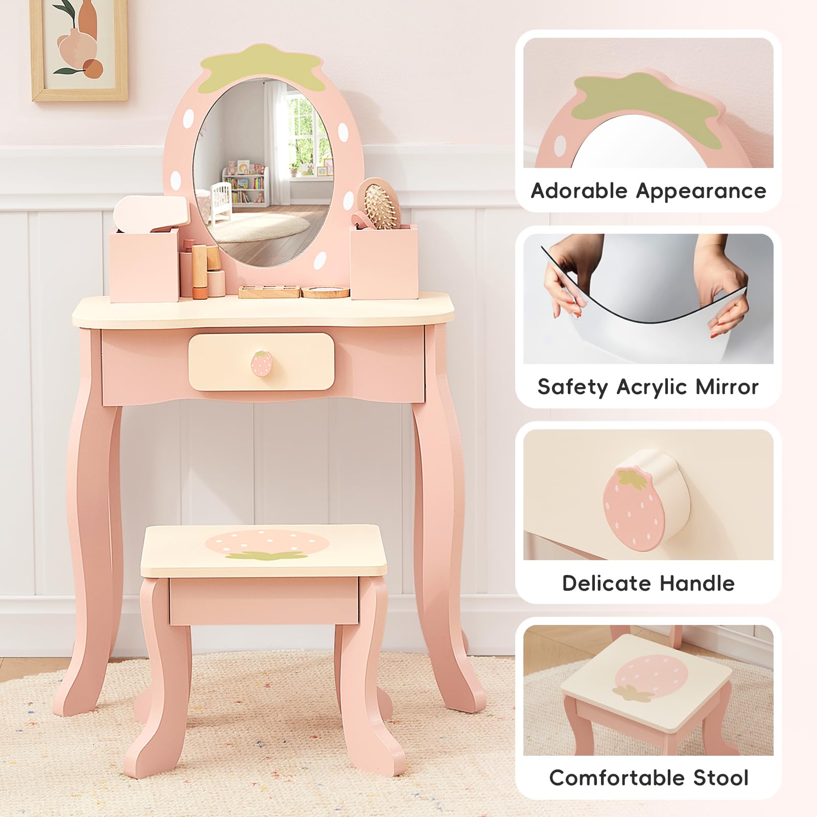 OOOK Schminktisch Kinder Set, Kinder Schminktisch Holz mit Schminkzubehör, Frisiertisch mit Schublade und Hocker, Kinderschminktisch für Mädchen ab 3