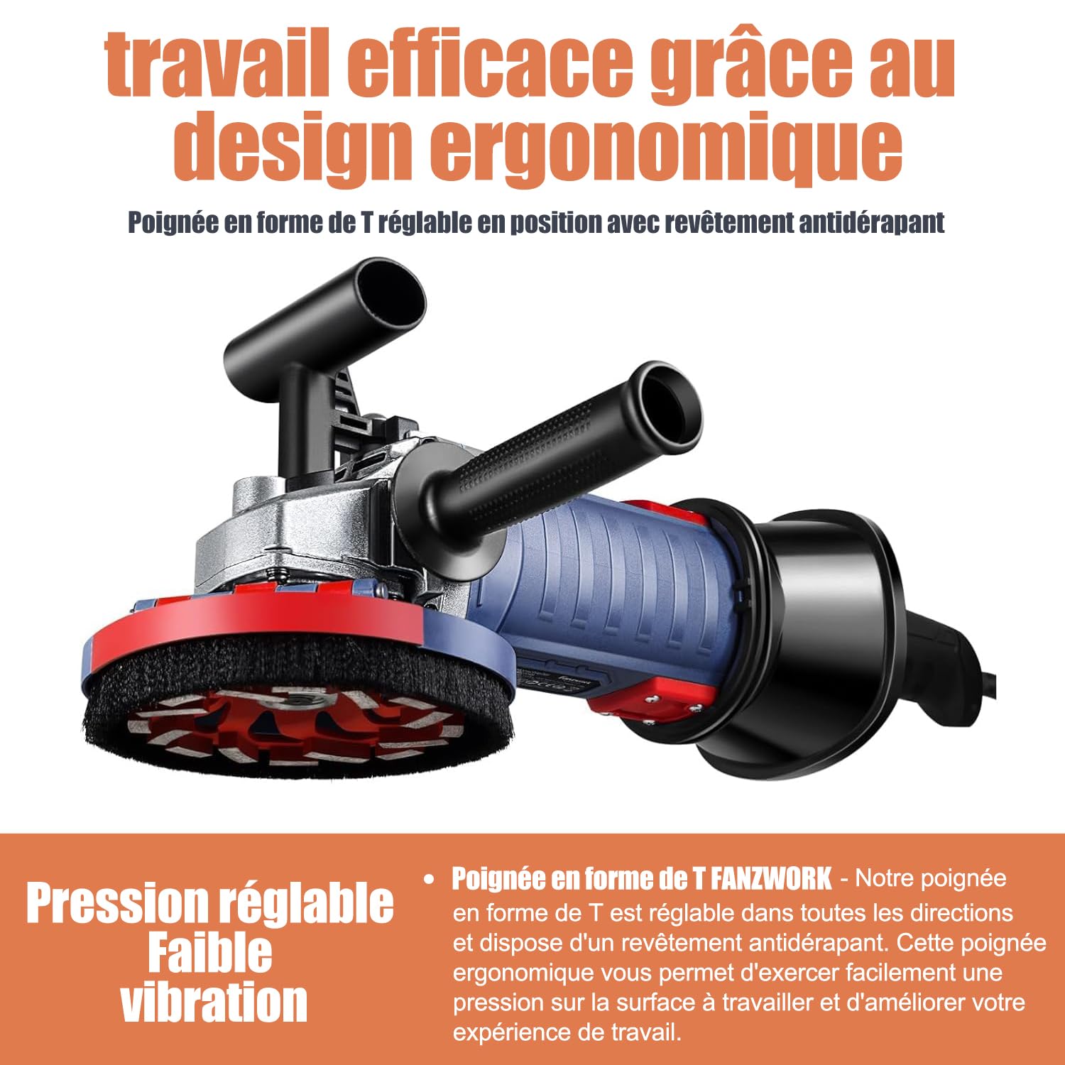 FANZWORK Ponceuse à béton, 1500 W, Vitesse de Rotation Réglable, avec Meule Diamantée de Qualité Supérieure de 125 mm, Capot d'aspiration, Poignée en forme de T (avec 2 meules de 125 mm)