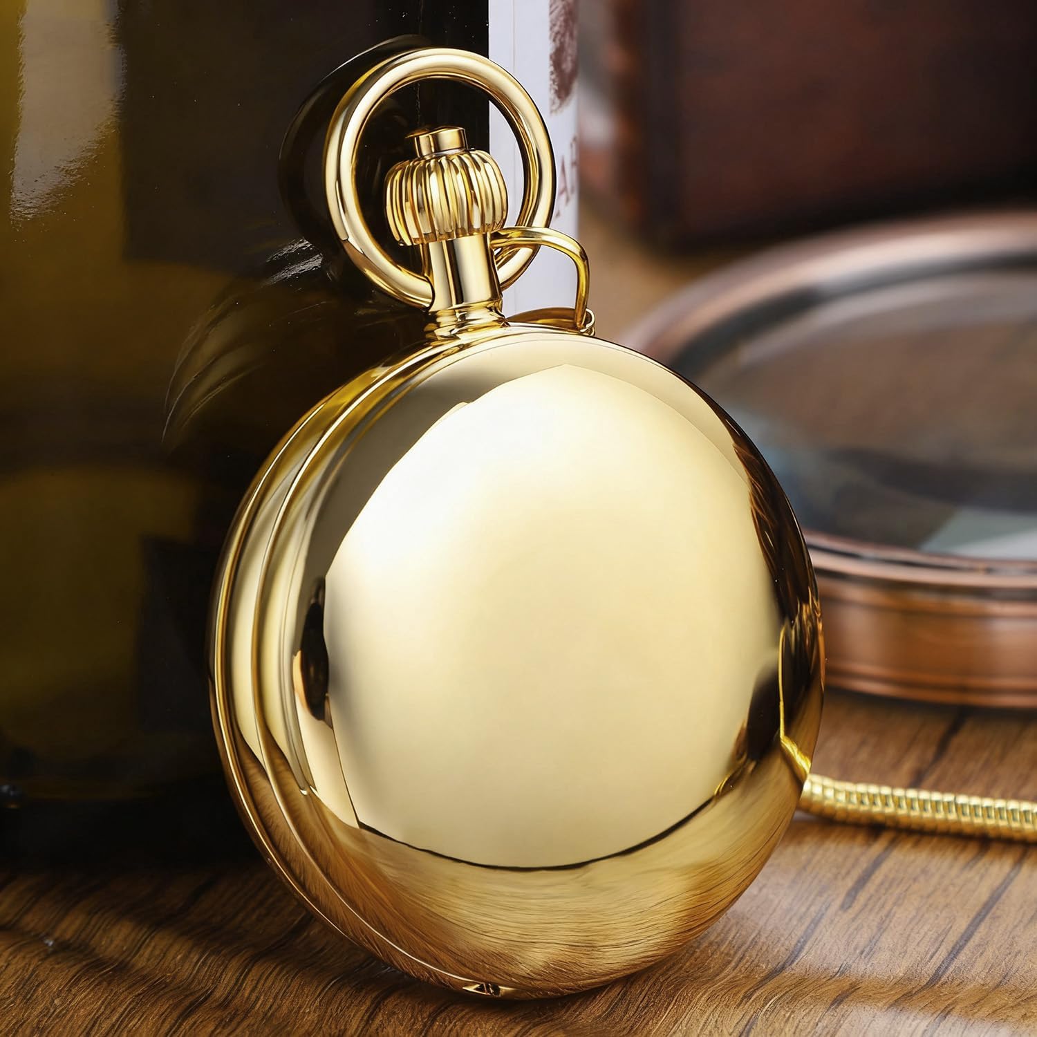 Tiong Reloj de bolsillo mecánico de doble cara con esfera dorada con números romanos dorados