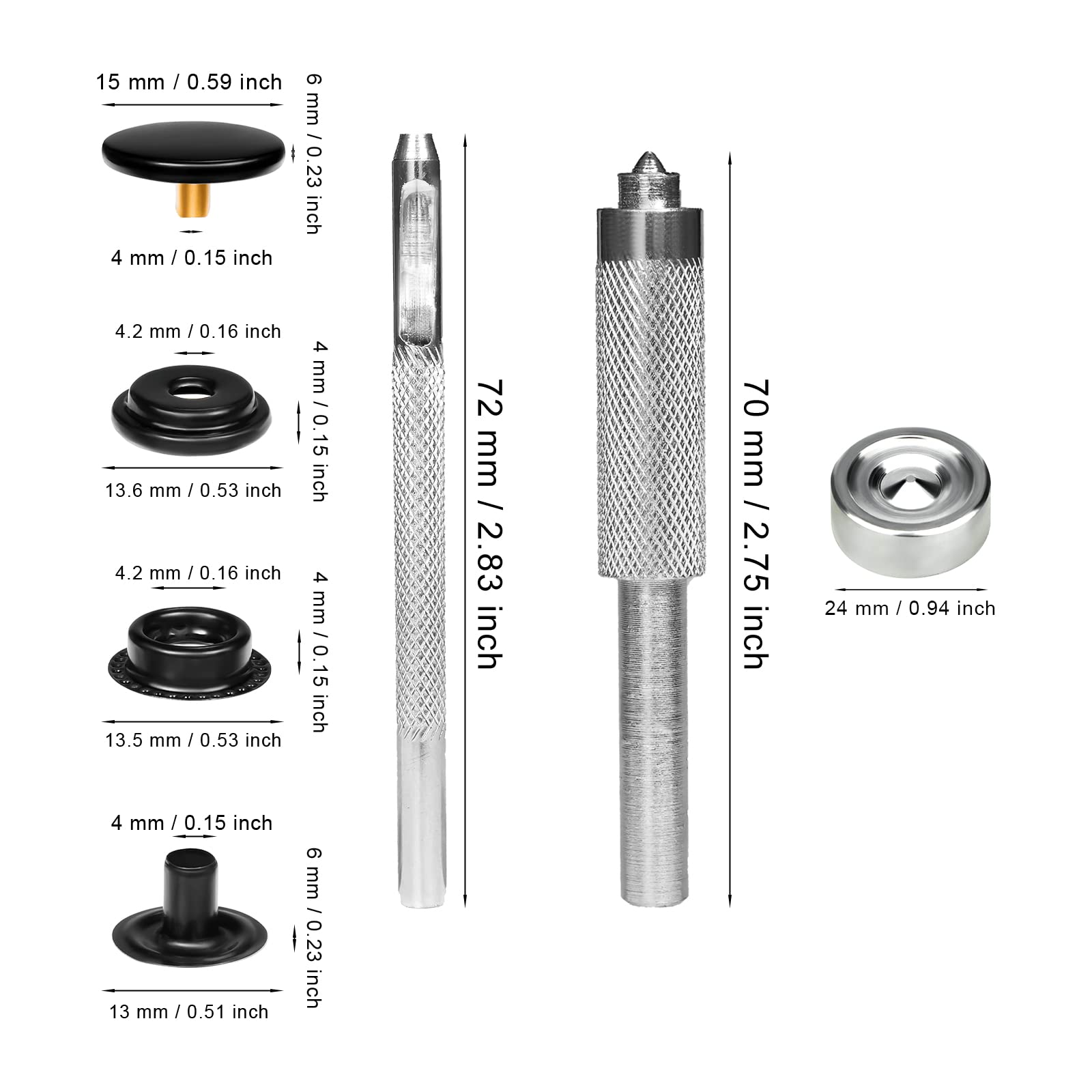 LUTER 12 Kit Pressione Bottoni Automatici Da 15mm – Metallo Nero, Con 4 Attrezzi Per Installazione, Per Denim E Borse
