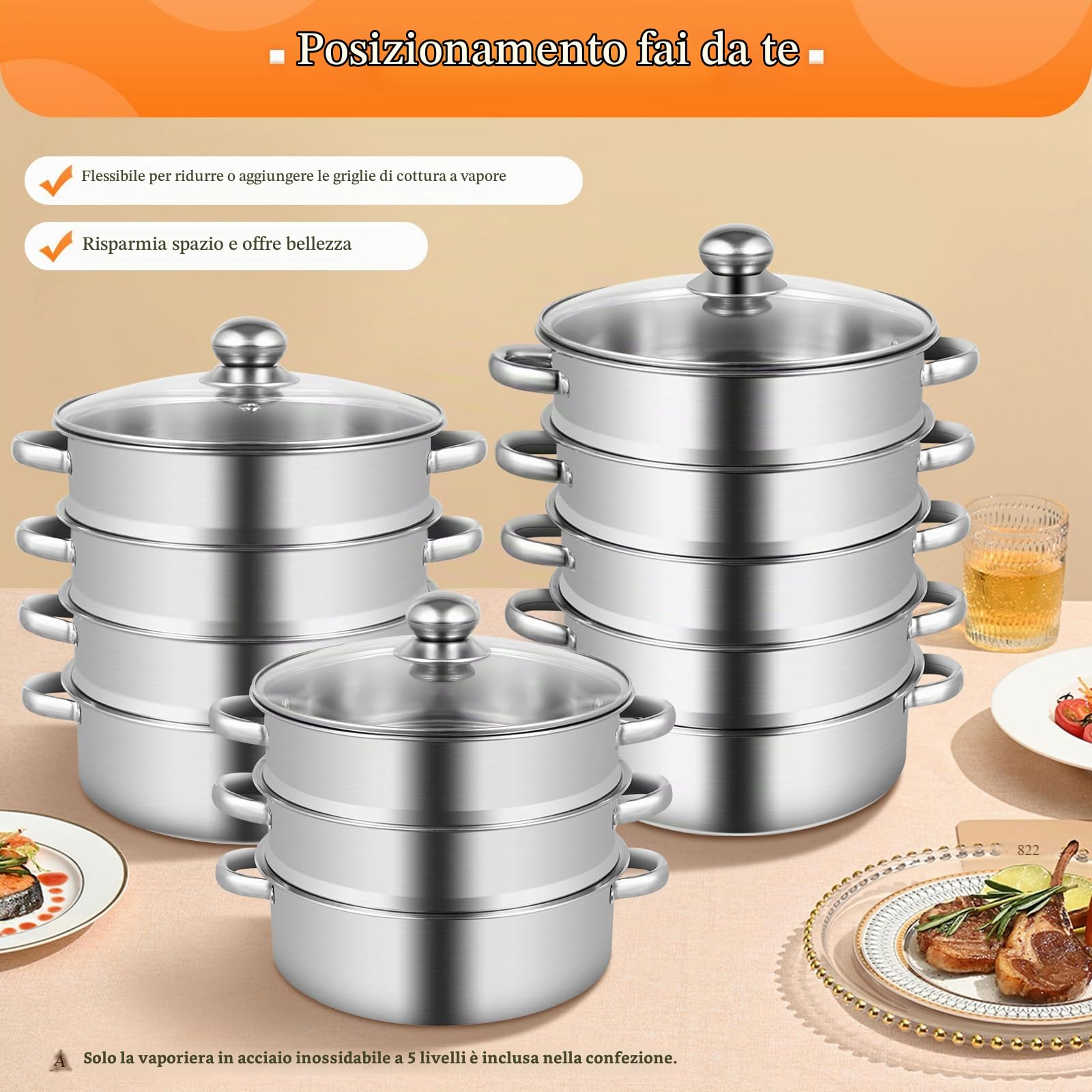 Cuocere a vapore a 5 strati, multifunzione, in acciaio inox, con coperchio in vetro, 26 cm, in acciaio inox, per tutti i piani cottura, come ad induzione, elettroceramica, elettrico