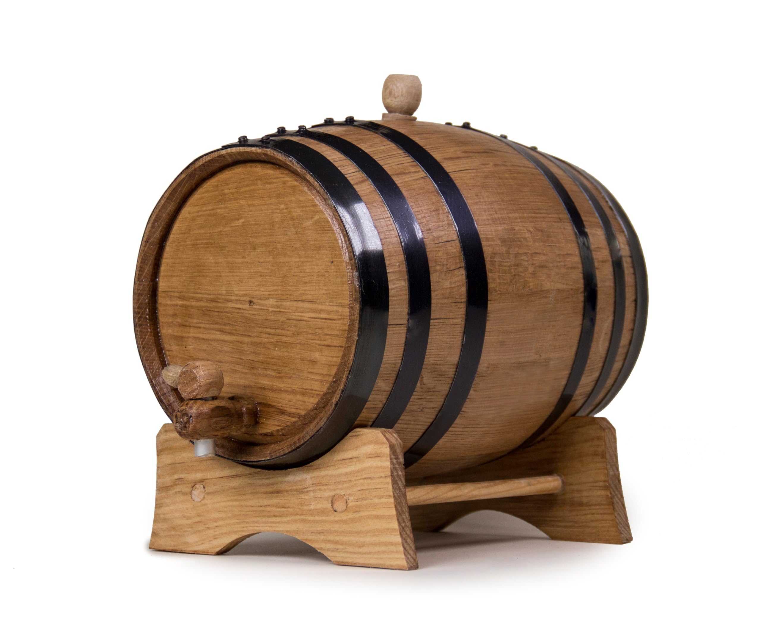 2 Liters Oak Aging Barrel, Wooden Whiskey Barrel, Wine Barrel Home Brewer, Distiller, Mine Maker and Cocktail Aging, American Oak Barrel with Stand, Bung, and Spigot (Black Hoops)