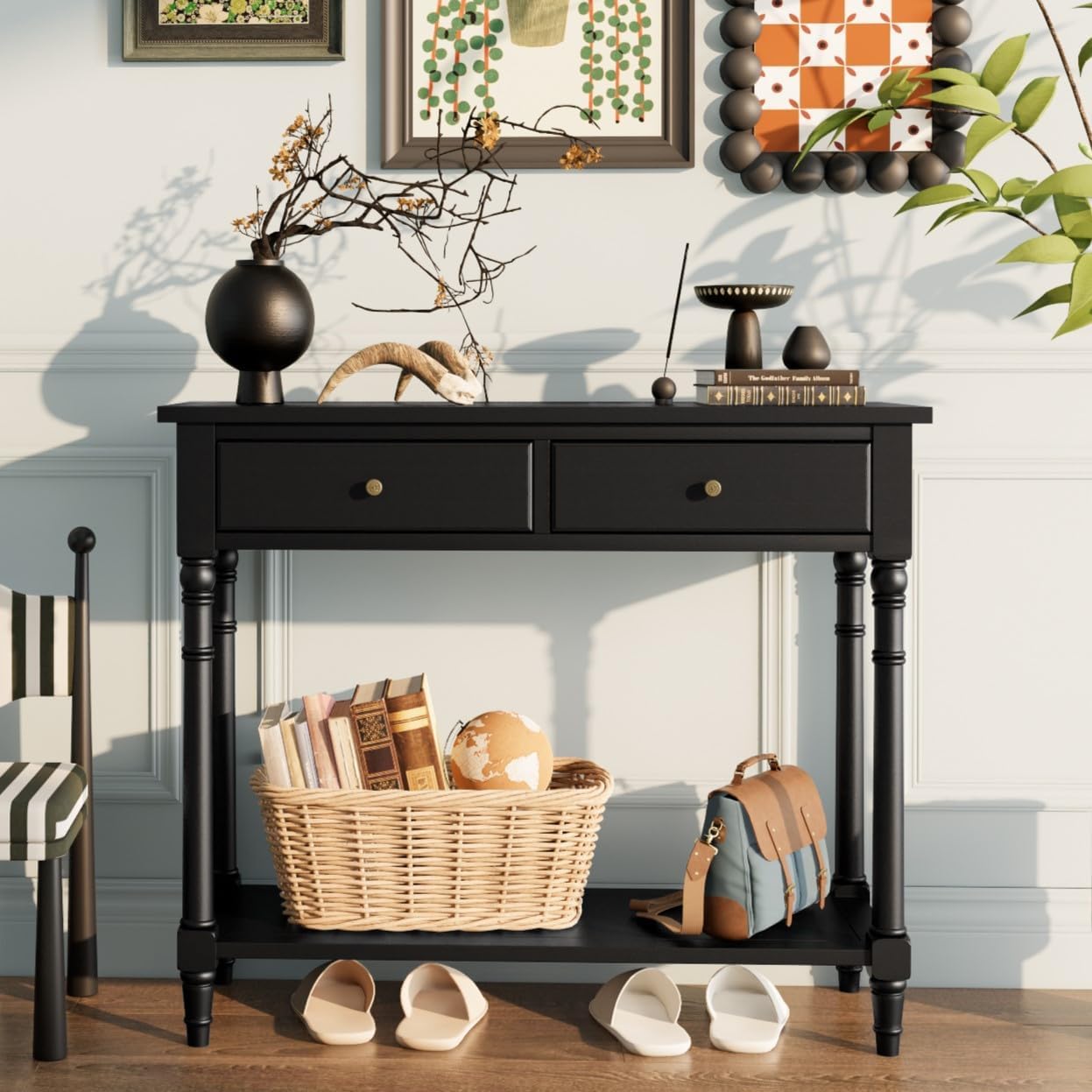 PADMA HOUSE Solid Wood Console Entry Table with 2 Drawers, Accent Sofa Table with Storage Shelf, Narrow Entryway Hall Table for Living Room Office Easy Assembly 90 * 35 * 76.5 cm (Black)