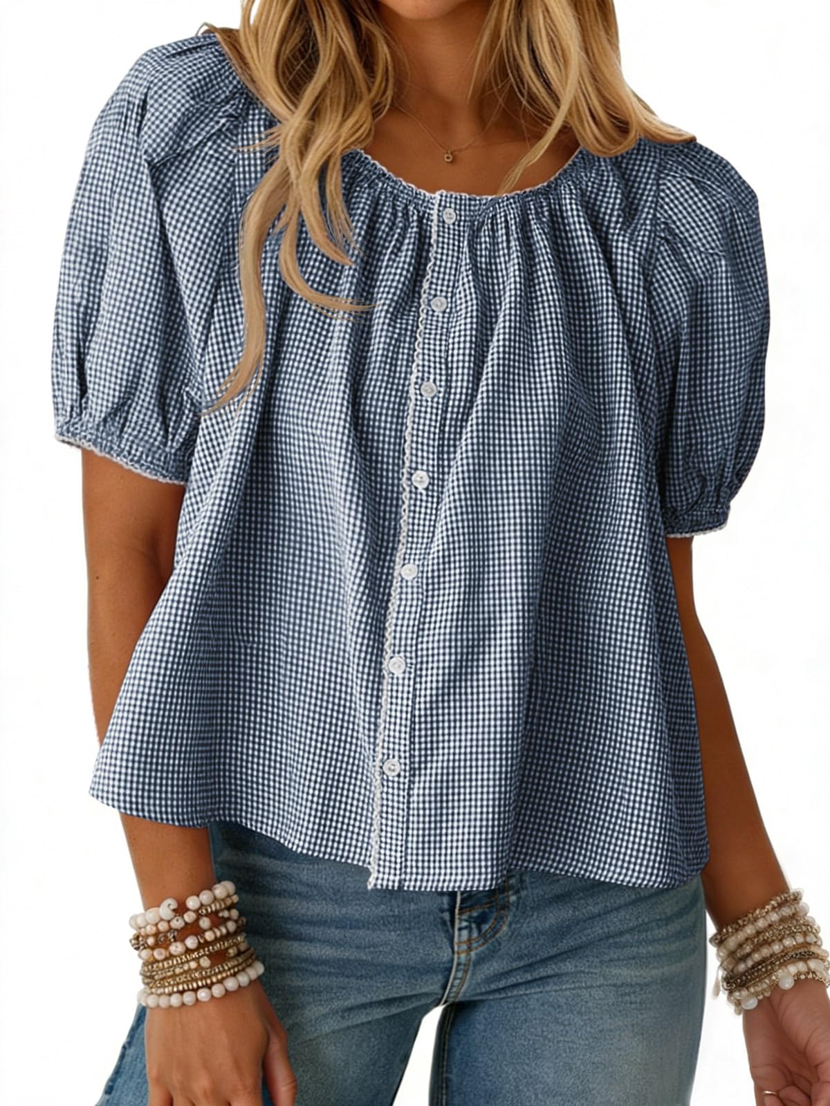 Tankaneo Womens Puff Sleeve Gingham Blouse Summer Plaid Crew Neck Cute Tops Trendy Casual Button Down Shirts Blue Small