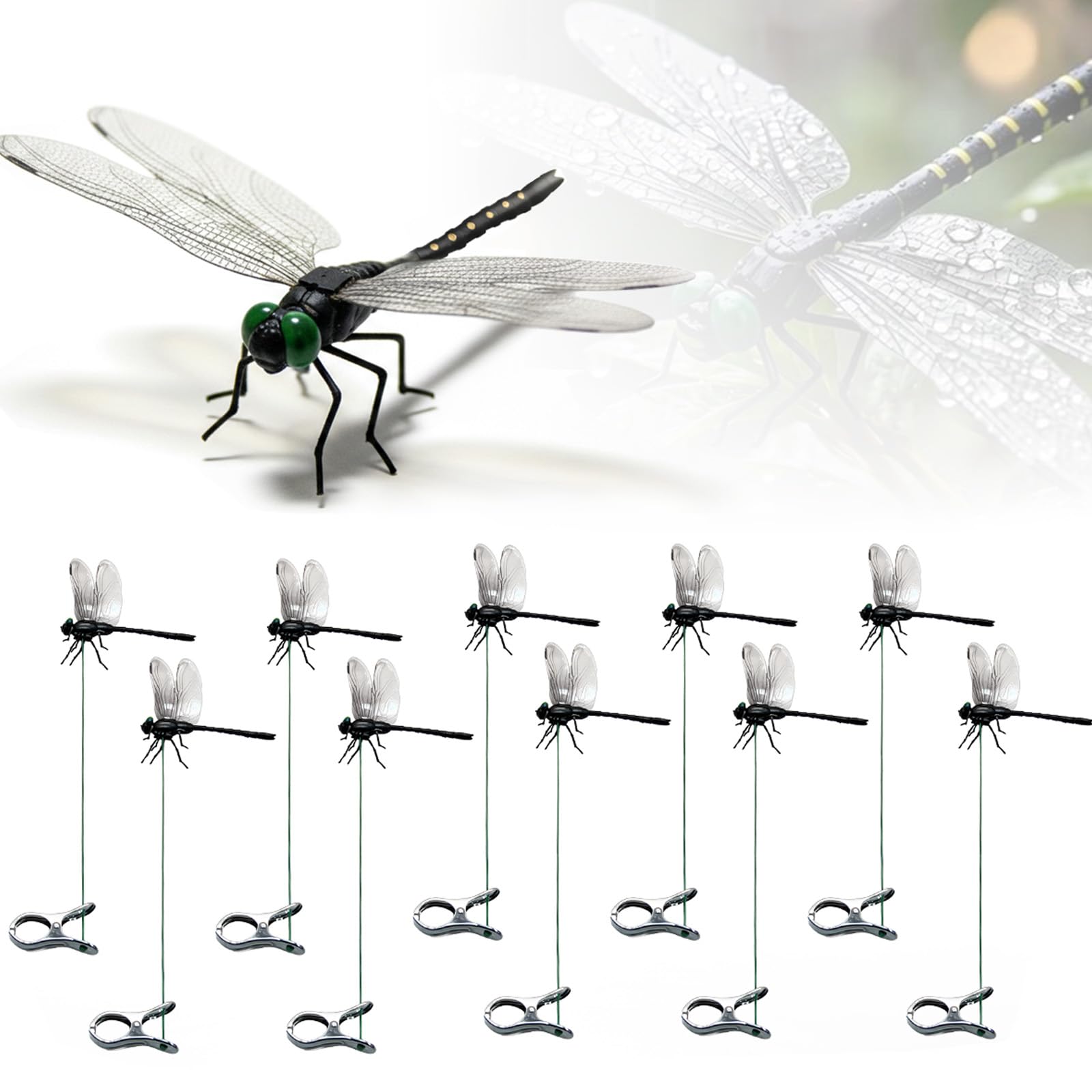 Photo 1 of 10 Pcs Dragon Fly Clips,Black Artificial Dragonfly Decor with Detachable PVC Wings, Nature-Inspired Outdoor Accessory for Hiking Hat, Camping, Patio, Yard