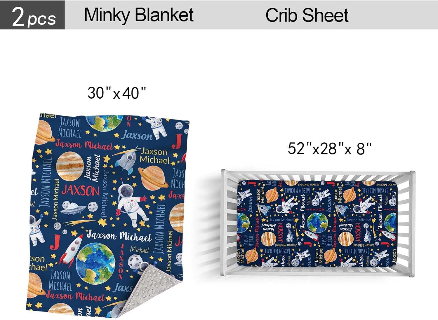 Personalized Name Crib Bedding Set for Boys, Custom Space 2 Piece Baby Crib Sets, Fitted Sheet, Dotted Backing Blanket, Nursery Crib Bedding Set for Newborn Toddler Infant Babies