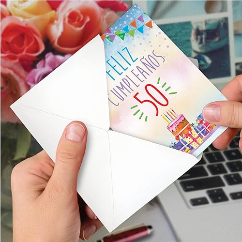 Miniatura 4 de NobleWorks - 1 Tarjeta de Cumpleaños Española con Sobre - Tarjeta de Celebración Latina Hispana para Cumpleaños - Feliz Cumpleaños 50 C8835MBG-SL