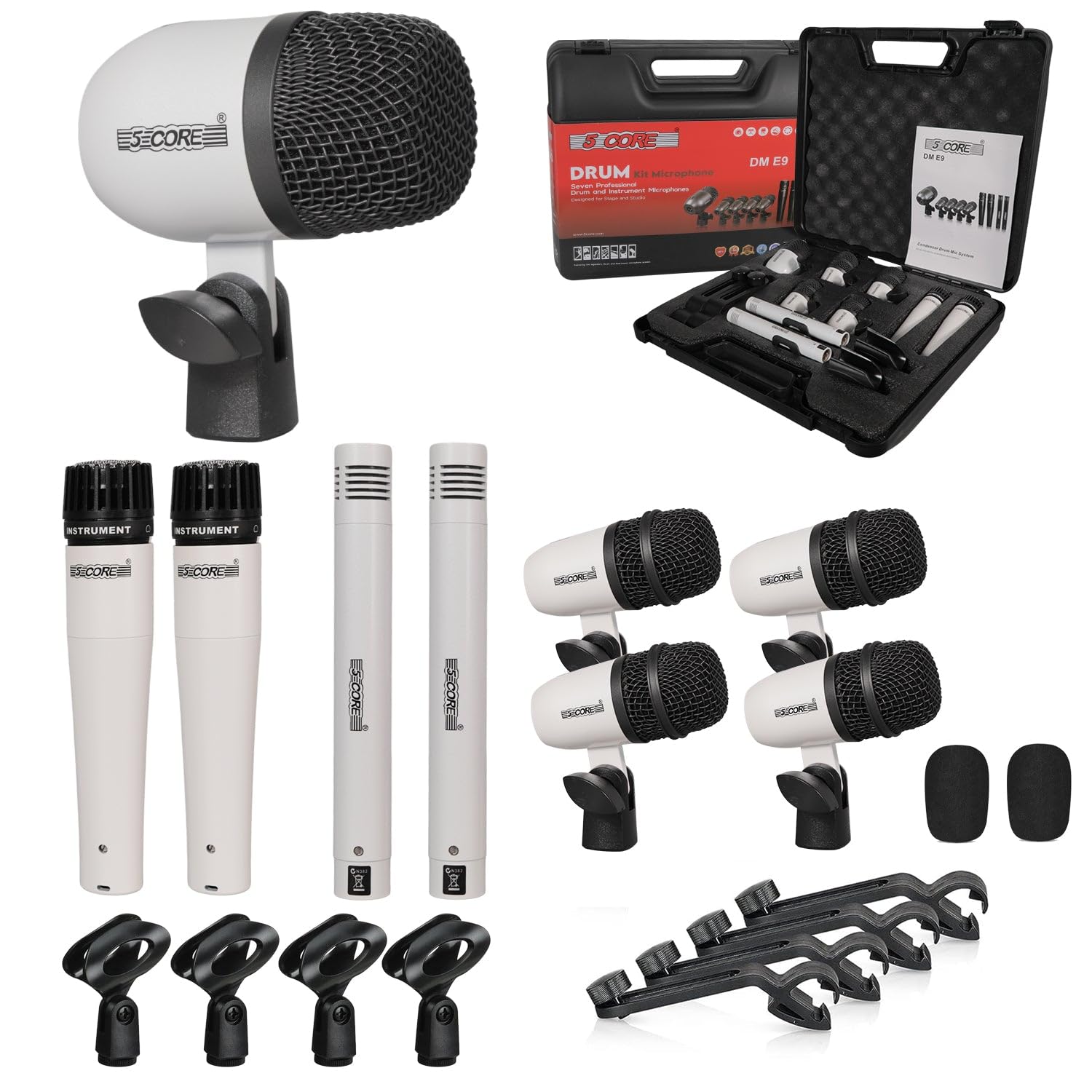 5 CORE Drum Mic Kit 9 Piece All Metal Drummer Microphone Set White