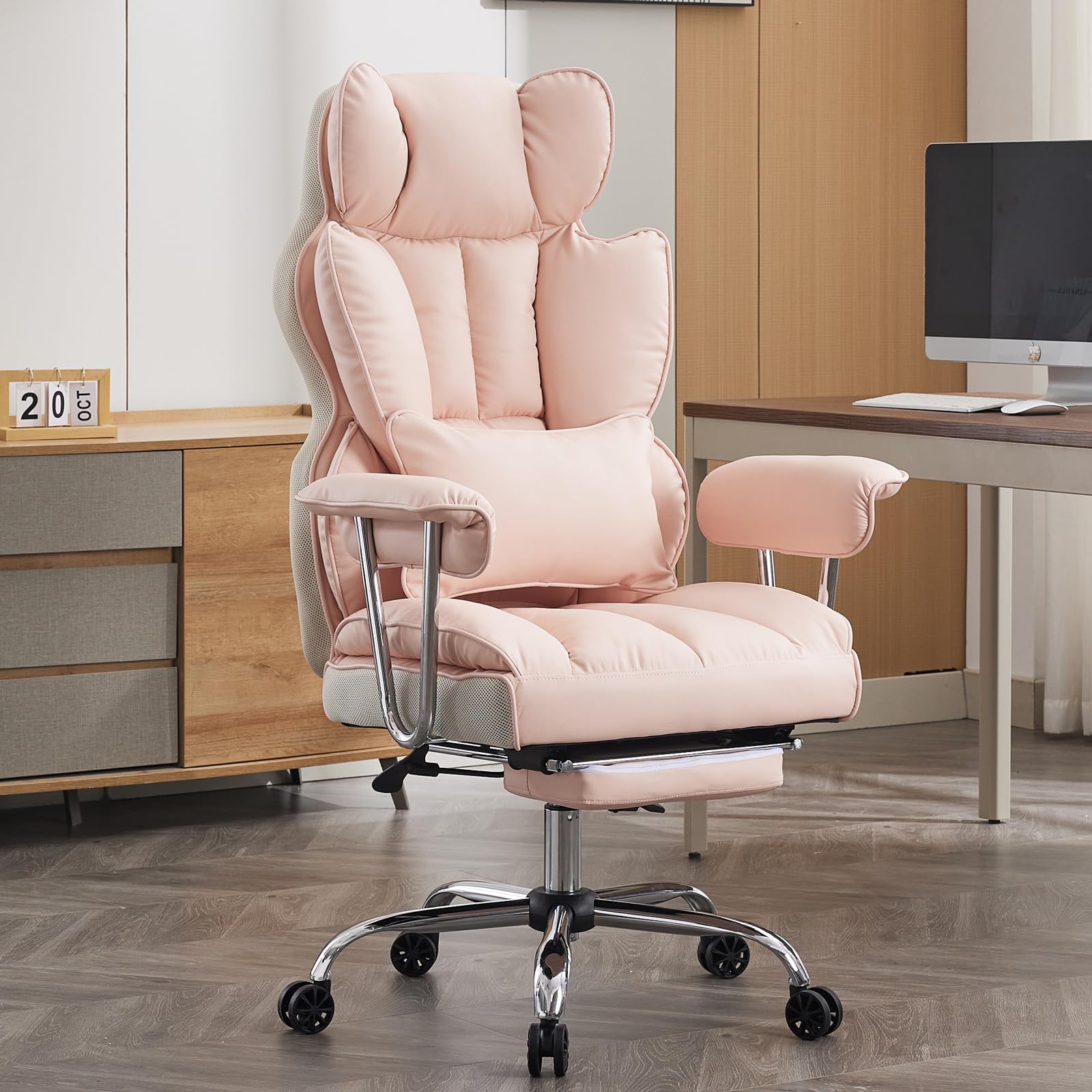 Efomao Silla de Oficina de Escritorio,Silla de Ordenador de Cuero de la PU con Respaldo Alto Grande,Silla giratoria ejecutiva con reposapiernas y Soporte Lumbar, Rosa pálido