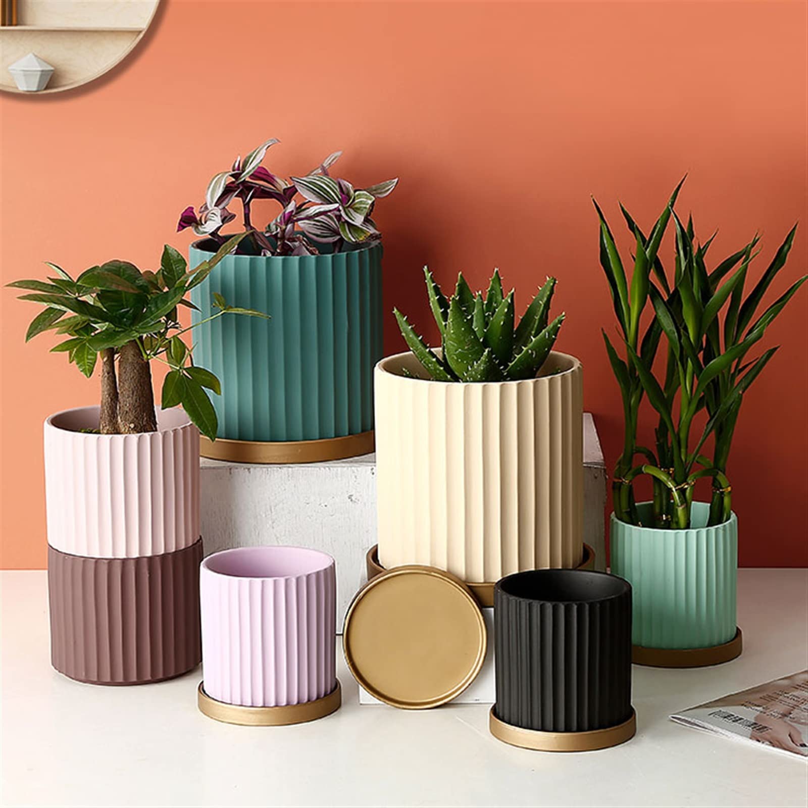 Doniczka prosta pionowa doniczka w paski z tacą okrągła ceramiczna doniczka wewnętrzna orchidea kaktus doniczka na sukulenty z otworami drenażowymi doniczka na rośliny (A)