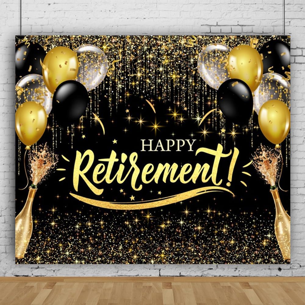 Retriement Backdrop Black Gold Glitter Balloons Happy Retirement Photography Background 10x8ft Retirement Goodbay Party Decorations Banner Studio Photo Booth Portrait Photoshoot Backdrop
