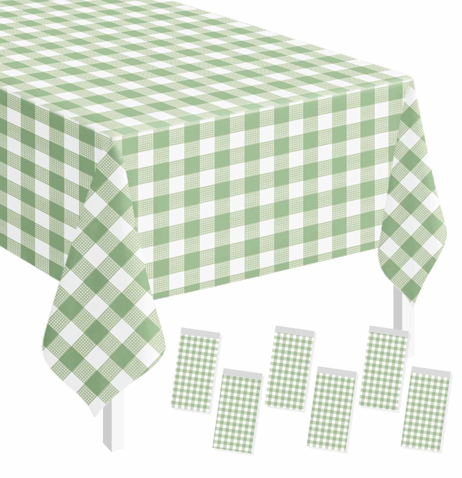 SietDESEO 6 Pack Sage Green Gingham Tablecloth Rectangle 54 x 108 Sage Green and White Checkered Table Cloth Disposable Plaid Table Cover Plastic for Birthday Baby Shower Picnic Wedding Party Supplies