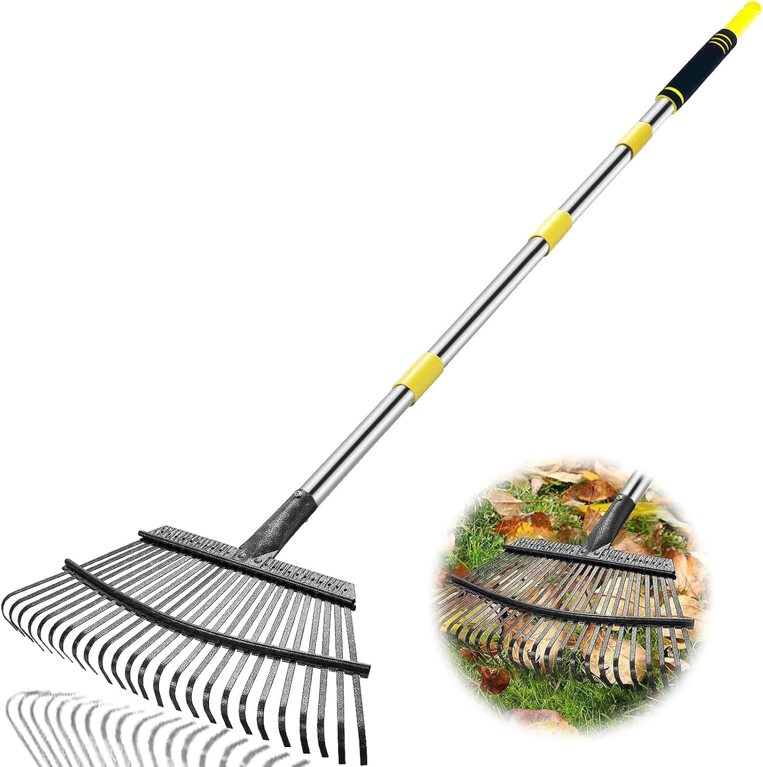 Rake Heavy Duty 6FT Long Garden Rakes , 18.5 Inch Wide Leaf Rake for Lawns, 25 Metal Tines, Adjustable Stainless Steel Handle for Leaves, Yards, Grass, Garbage, Weeds, Debris (Yellow) Stainless steel - Yellow-02